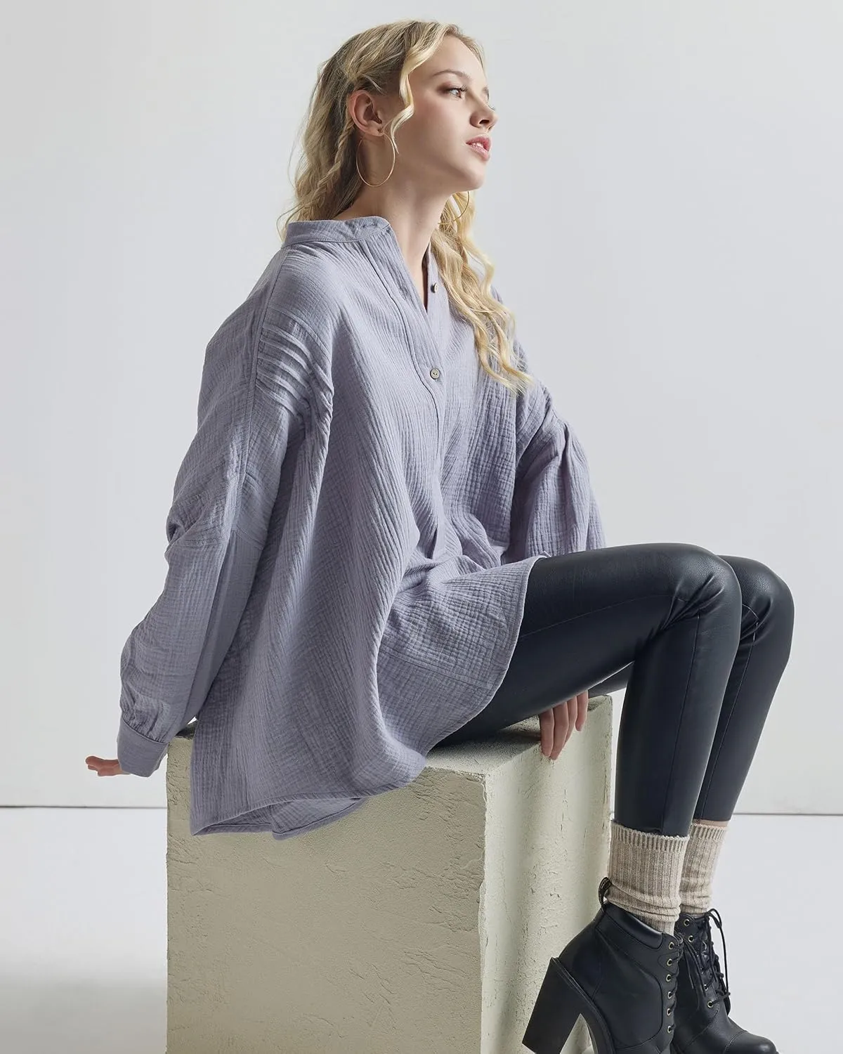 noflik 100% Cotton Comfy Oversized Round Side Slit Contrast Top & Pleat Detail Ballon Sleeve High and Low Top