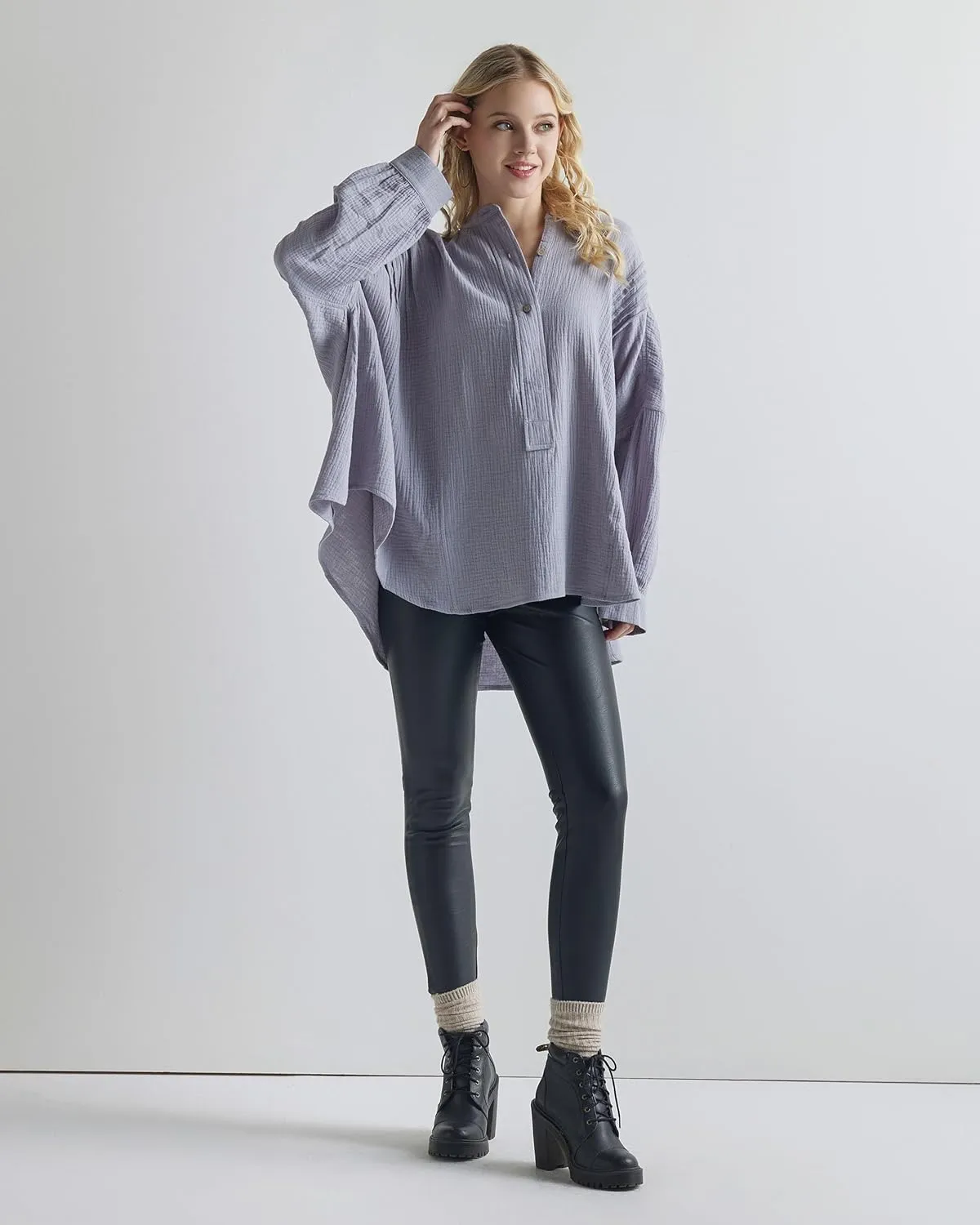 noflik 100% Cotton Comfy Oversized Round Side Slit Contrast Top & Pleat Detail Ballon Sleeve High and Low Top