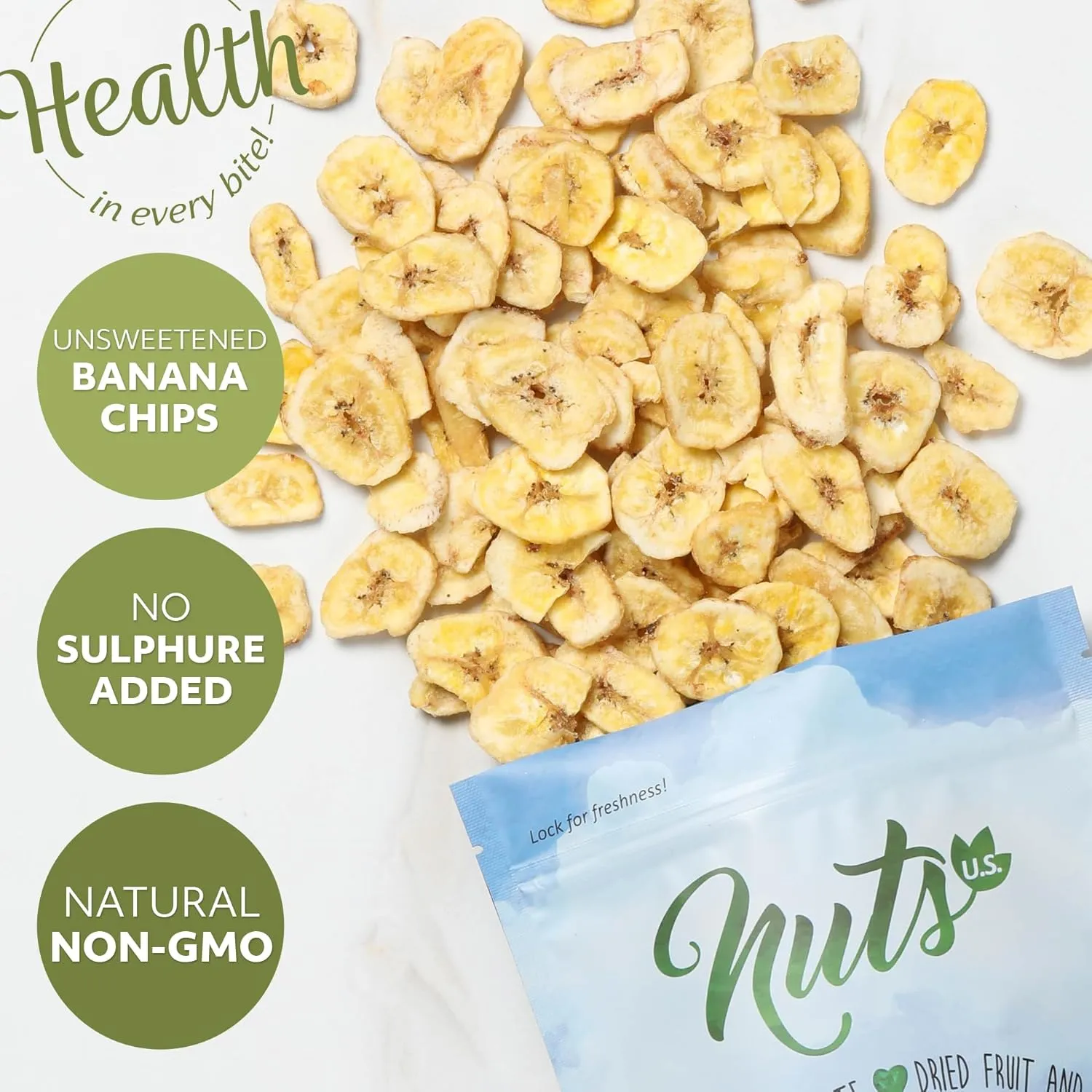 NUTS U.S. - Unsweetened Banana Chips | No Sulphure, Added & No Artificial Colors | NON-GMO | Natural | Packed in a Resealable Bag!!! (2 LBS)