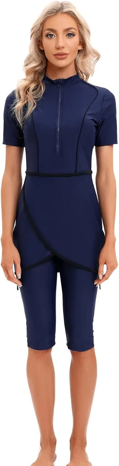 OBEEII Muslim Swimsuits for Women Short Sleeve Burkini Swimwear Islamic Hijab Bathing Suit Modest Beachwear