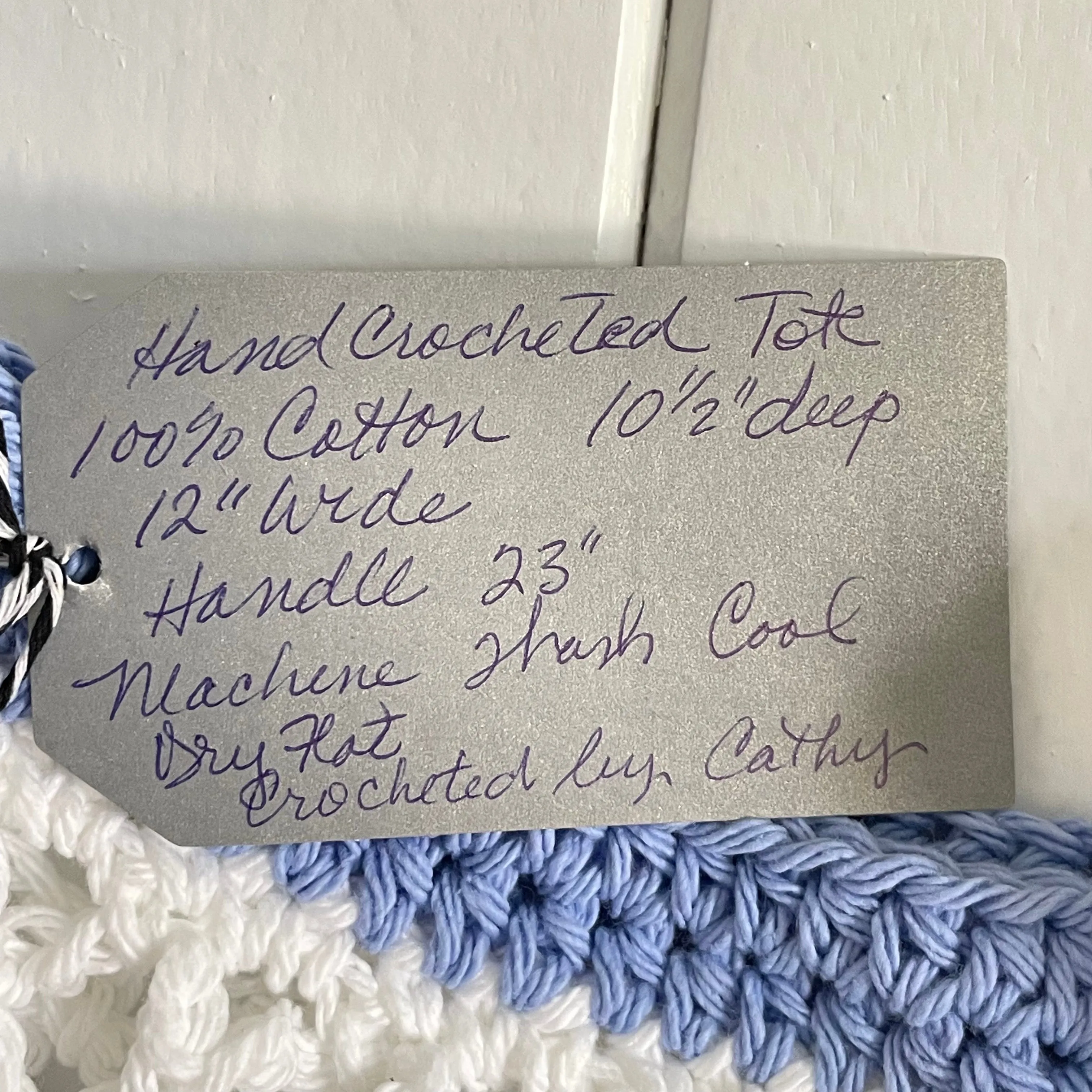 Ocean Vibes Blue White Yellow Tote Bag Purse Cotton Reusable Boho Multicolor Hand Crocheted Knit Coastal Resort