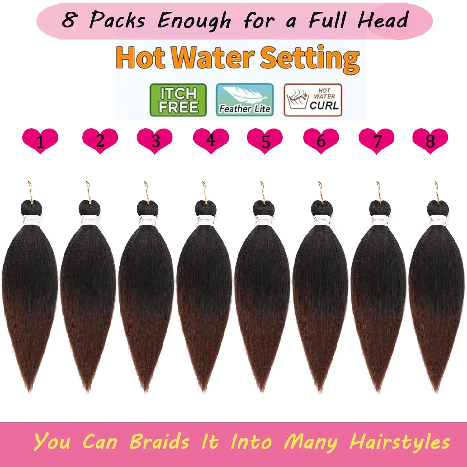 Ombre Braiding Hair 18 Inch 8 Packs Pre Stretched Hair For Twist Yaki Texture Synthetic Hair Extension Itch Free Hot Water Setting(18", T1B/30#)