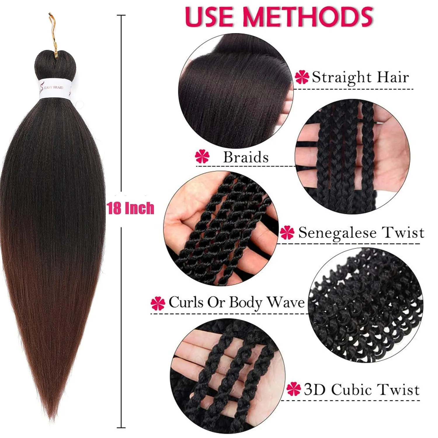 Ombre Braiding Hair 18 Inch 8 Packs Pre Stretched Hair For Twist Yaki Texture Synthetic Hair Extension Itch Free Hot Water Setting(18", T1B/30#)