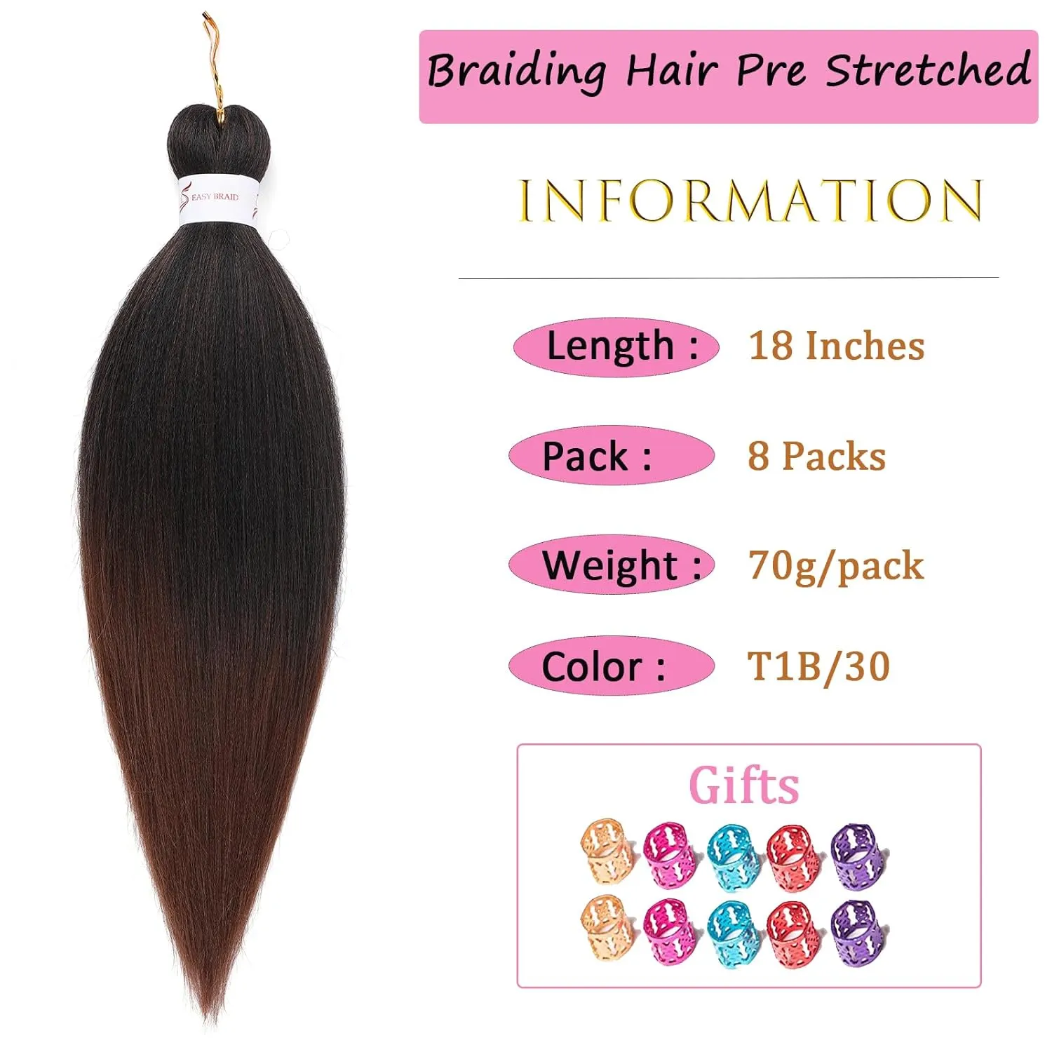 Ombre Braiding Hair 18 Inch 8 Packs Pre Stretched Hair For Twist Yaki Texture Synthetic Hair Extension Itch Free Hot Water Setting(18", T1B/30#)