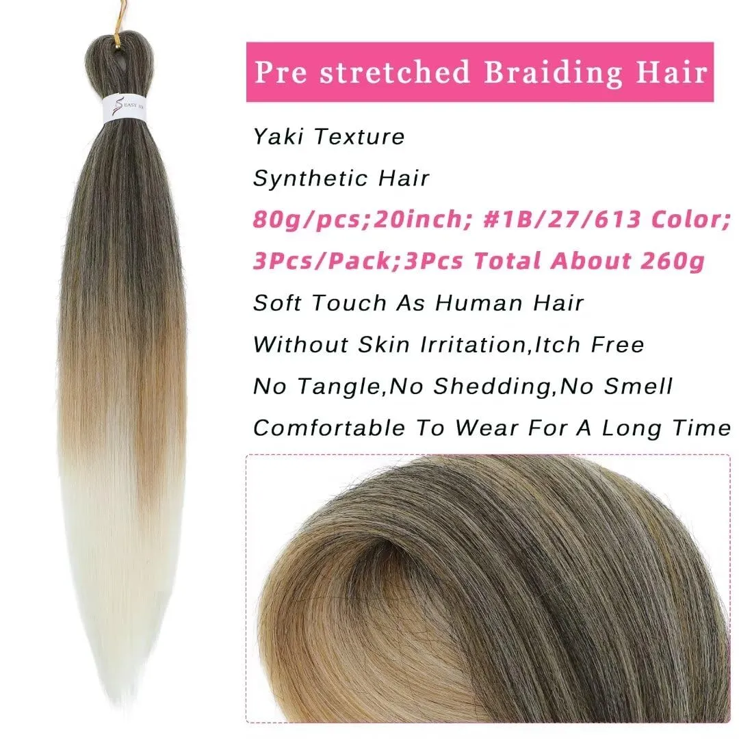 Ombre Braiding Hair Pre Stretched 20inch 8packs EZ Braid Pre Stretched Braiding Hair 1b/27/613 EZ Braiding Hair Extensions Synthetic Fiber Crochet Twist Braids(#1b/27/613,8Packs,20inch)