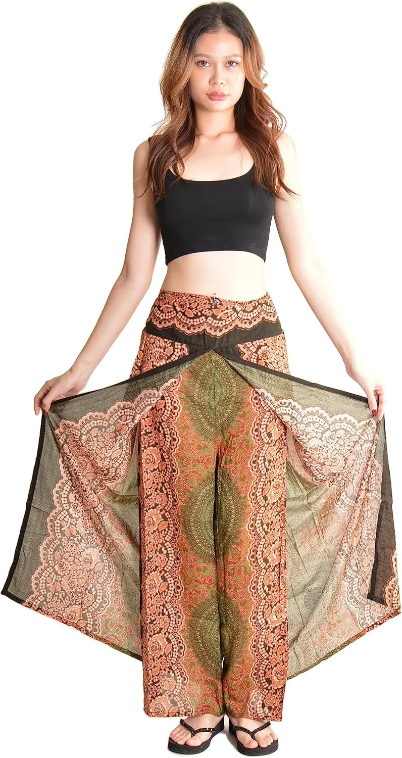 Orient Trail Womens Palazzo Slit Leg Wide Leg Wrap Pants Casual Beach Boho Hippie Bohemian Pilates Flowy Pants Sizes 2-18