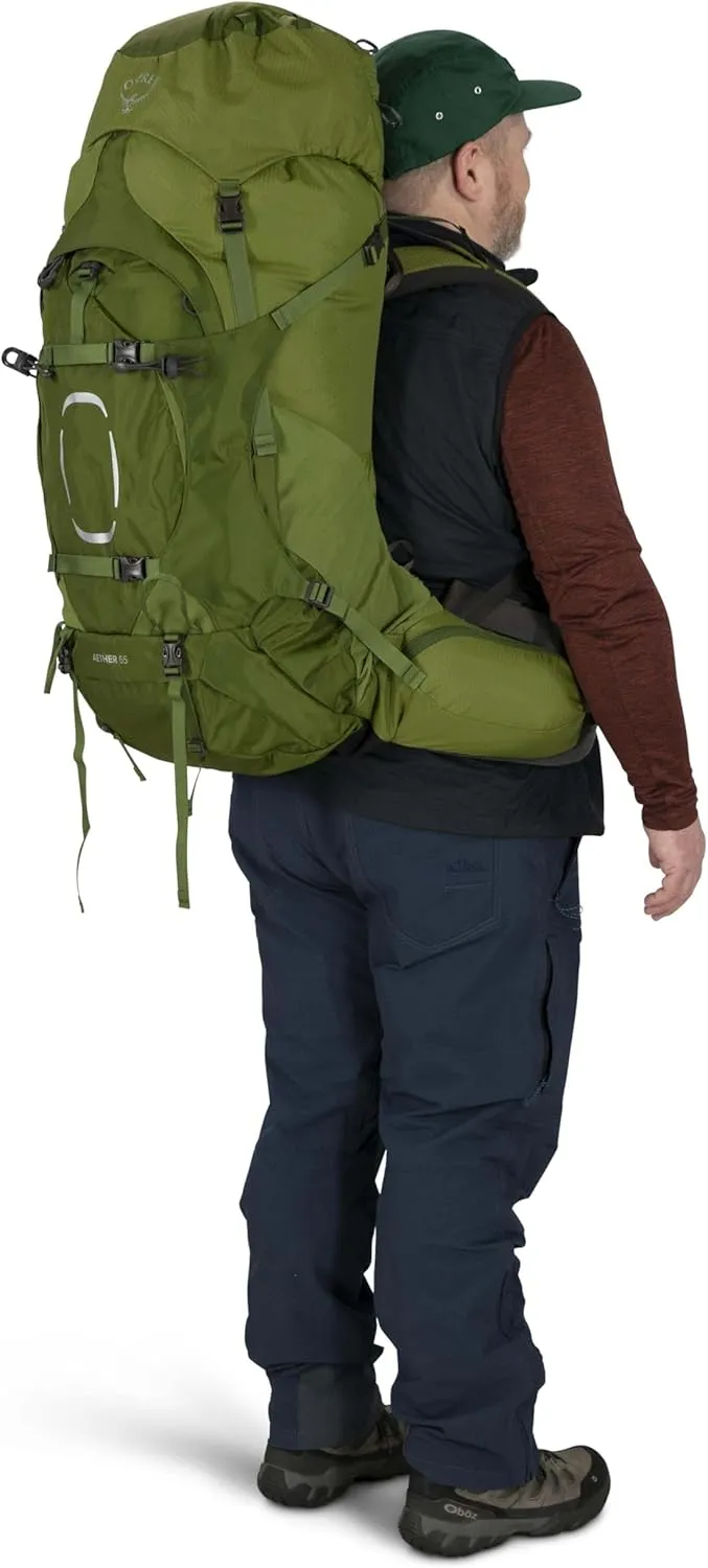 Osprey Aether 65L Men's Backpacking Backpack, Garlic Mustard Green, S/M, Extended Fit