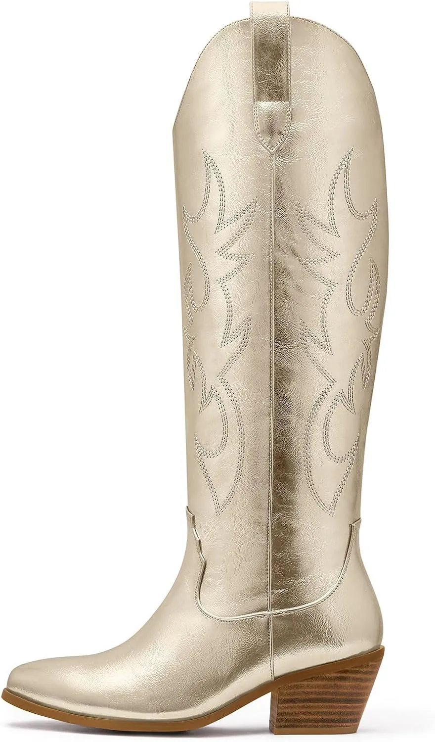 Ouepiano Cowboy Boots for Women Knee High Cowgirl Boots Embroidered Chunky Heels Pointed Toe Long Tall Western Boot Pull On