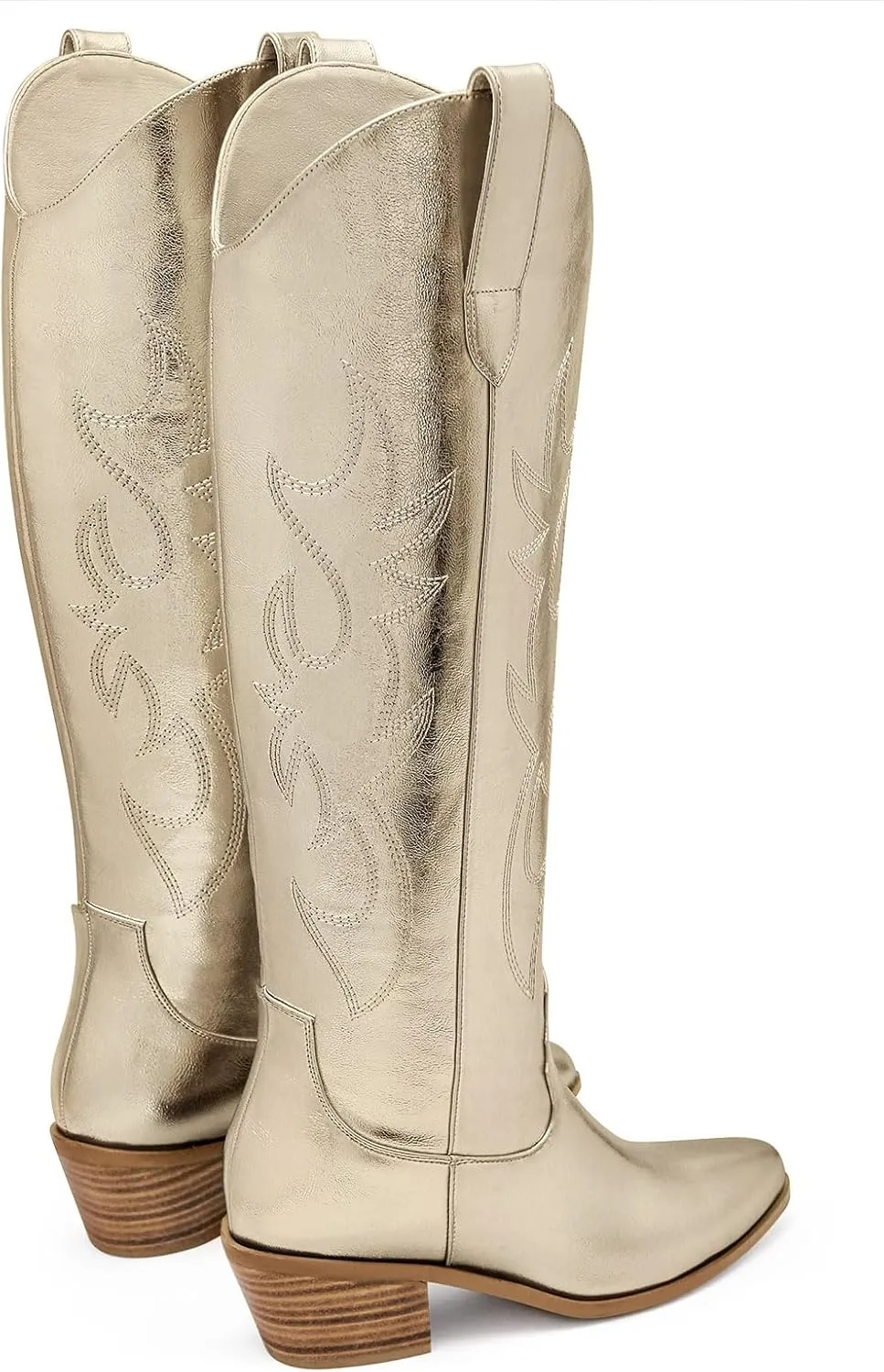 Ouepiano Cowboy Boots for Women Knee High Cowgirl Boots Embroidered Chunky Heels Pointed Toe Long Tall Western Boot Pull On