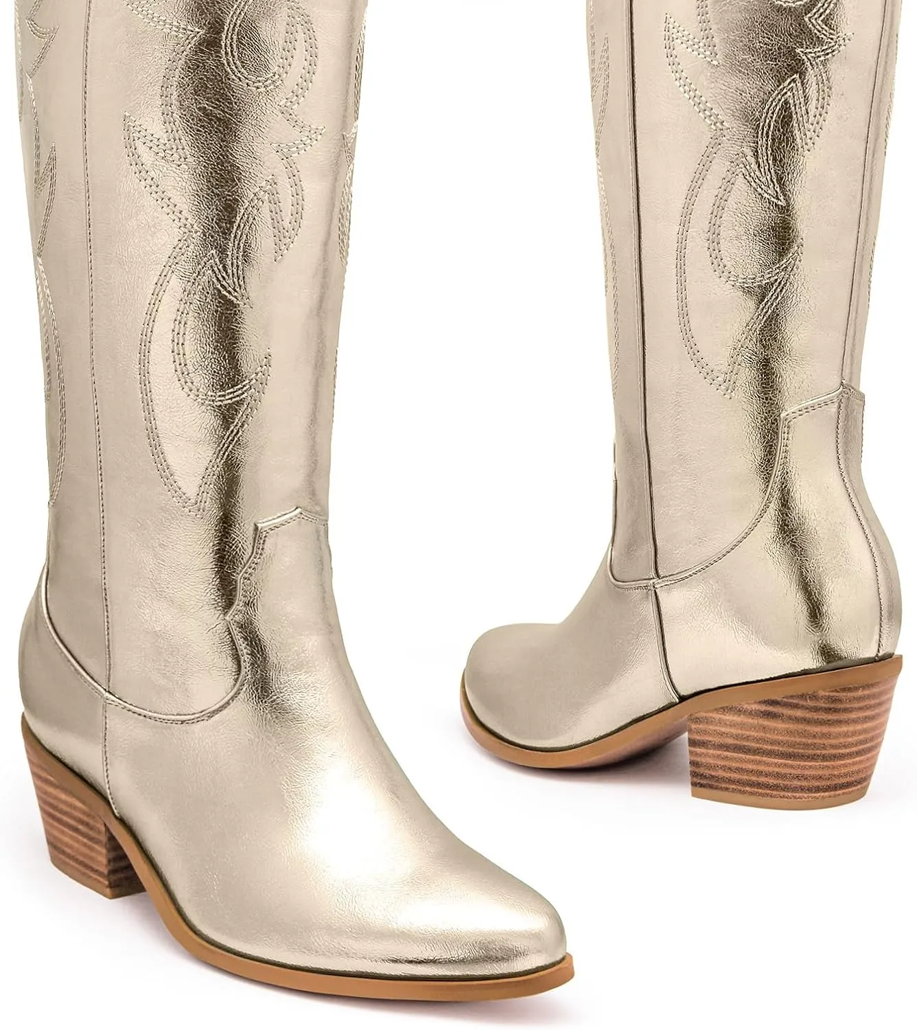 Ouepiano Cowboy Boots for Women Knee High Cowgirl Boots Embroidered Chunky Heels Pointed Toe Long Tall Western Boot Pull On