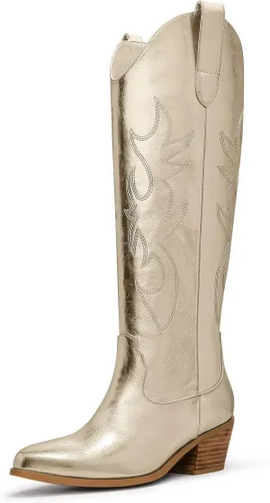 Ouepiano Cowboy Boots for Women Knee High Cowgirl Boots Embroidered Chunky Heels Pointed Toe Long Tall Western Boot Pull On