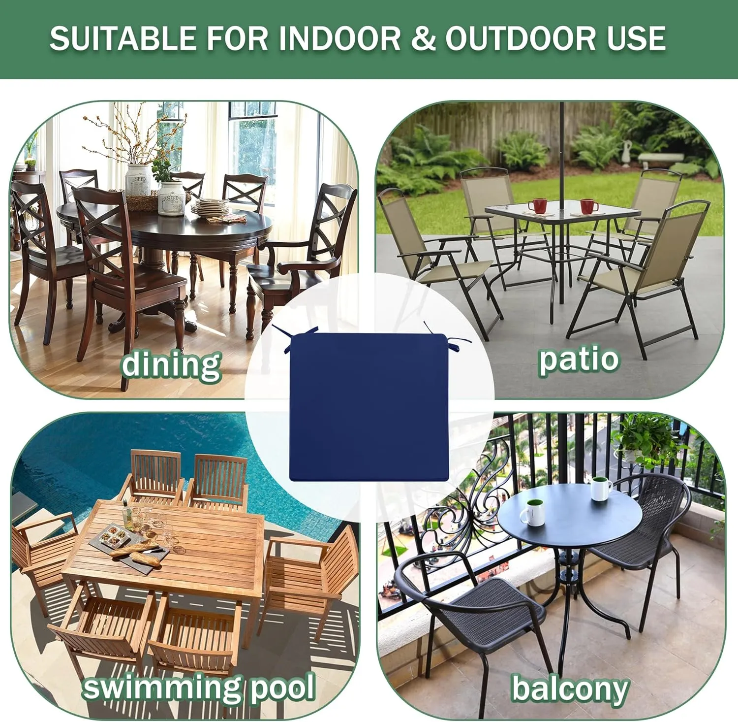 Outdoor Chair Cushions Set of 4: Waterproof & Fade Resistant Seat Cushion for Patio Furniture - 18.5 x 16 x 2 Inch Chair Pads with Ties and Hidden Zipper - Patio Chair Cushion Replacement, Navy