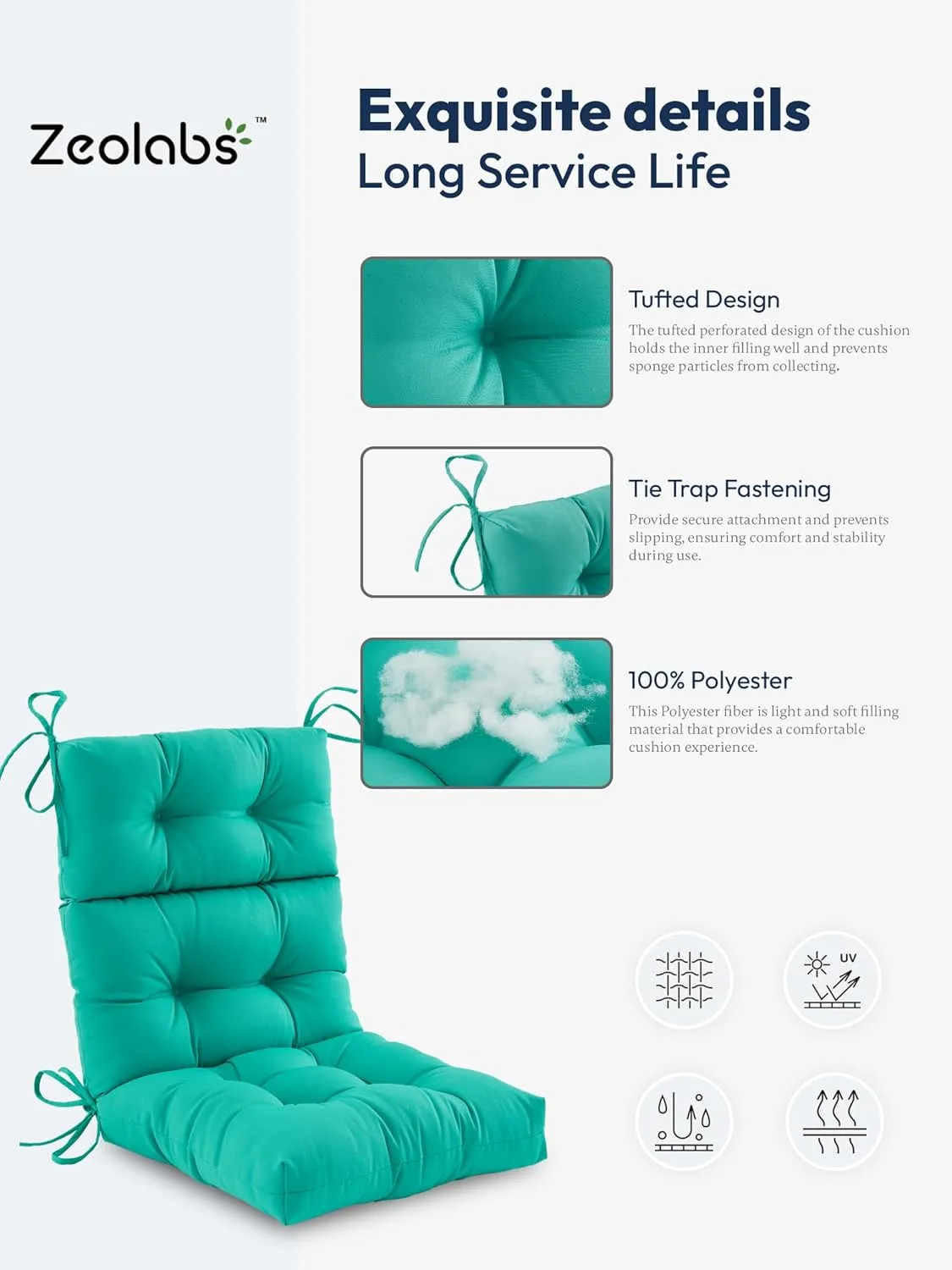Outdoor High Back Chair Cushion,Water Resistant Tufted Adirondack Rocking Chair Cushion with Ties,Replacement Seat Cushion for Patio Furniture,Teal