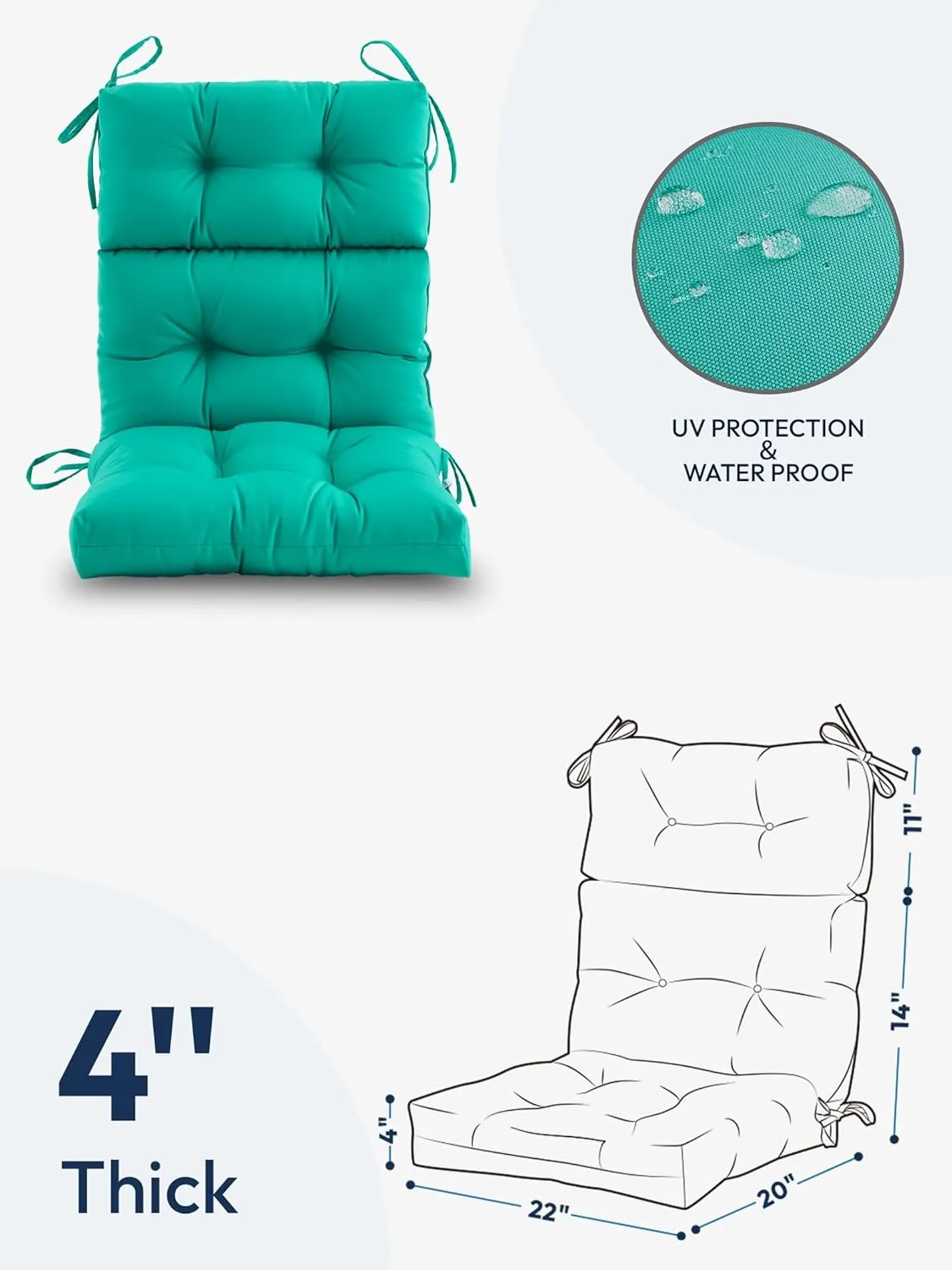 Outdoor High Back Chair Cushion,Water Resistant Tufted Adirondack Rocking Chair Cushion with Ties,Replacement Seat Cushion for Patio Furniture,Teal