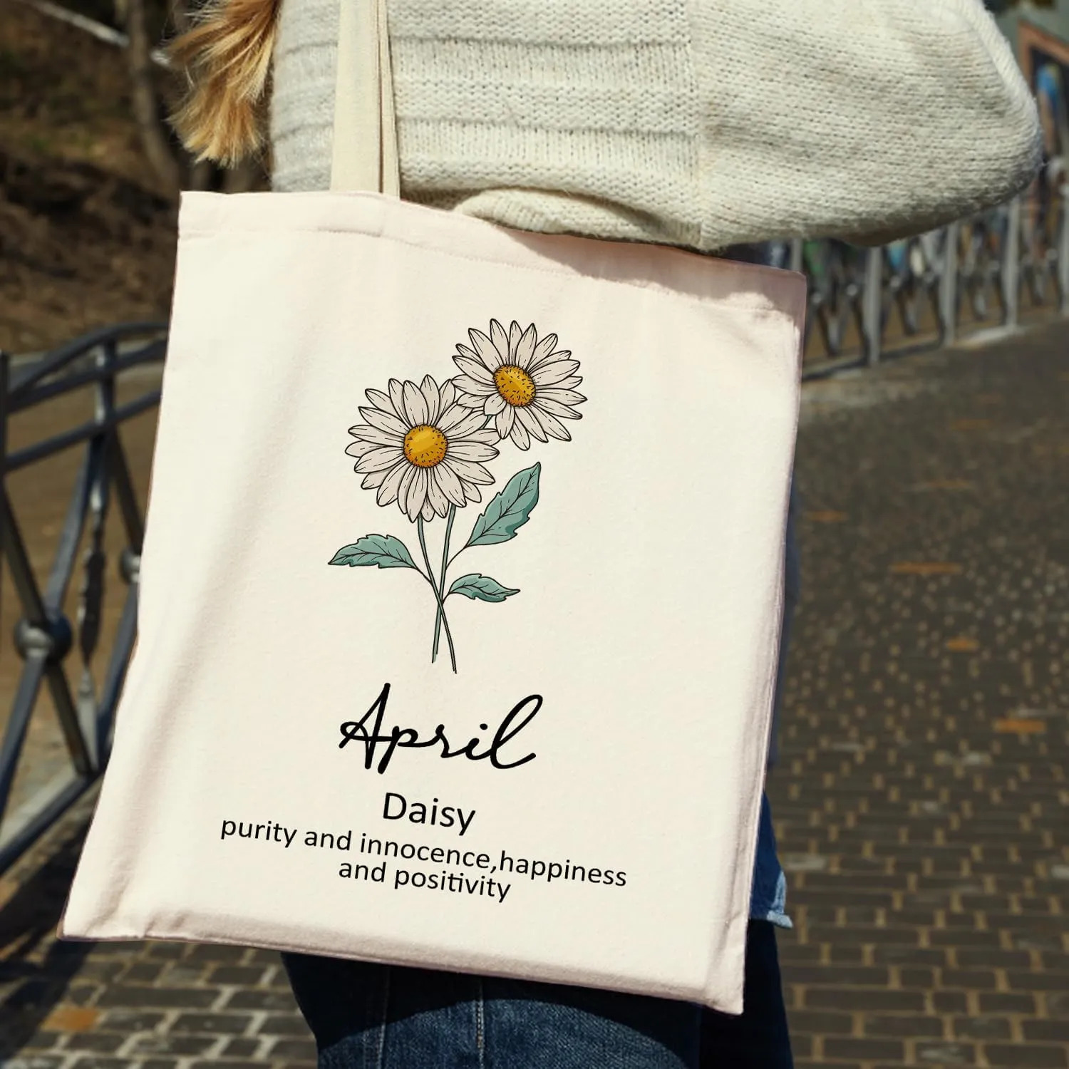 OUZ Birthday Flower Canvas Tote Bag, Birth Month Flower Personalized Gift for Her Mom Friend Birthday Graduation Christmas