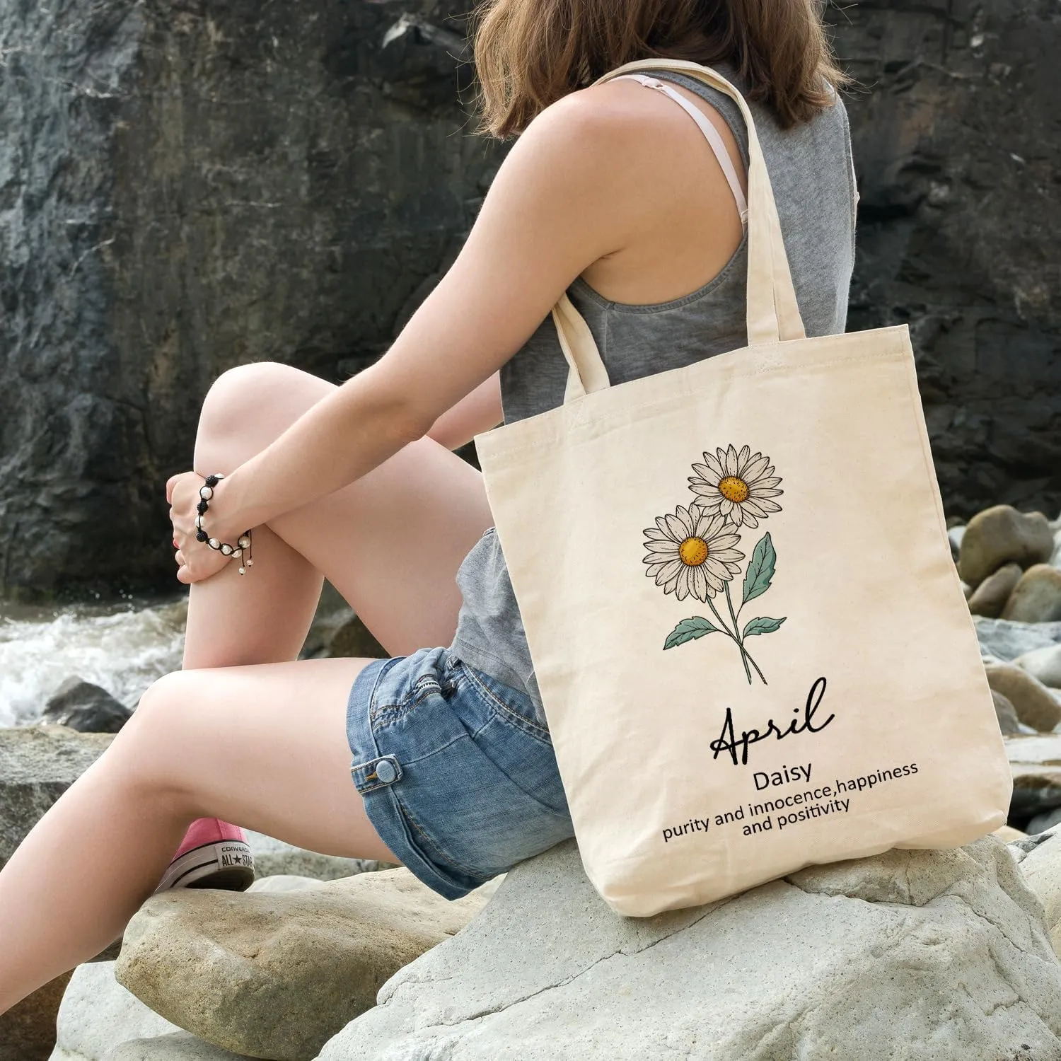 OUZ Birthday Flower Canvas Tote Bag, Birth Month Flower Personalized Gift for Her Mom Friend Birthday Graduation Christmas