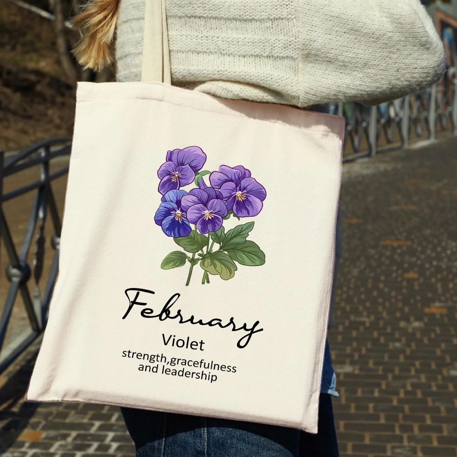 OUZ Birthday Flower Canvas Tote Bag, Birth Month Flower Personalized Gift for Her Mom Friend Birthday Graduation Christmas