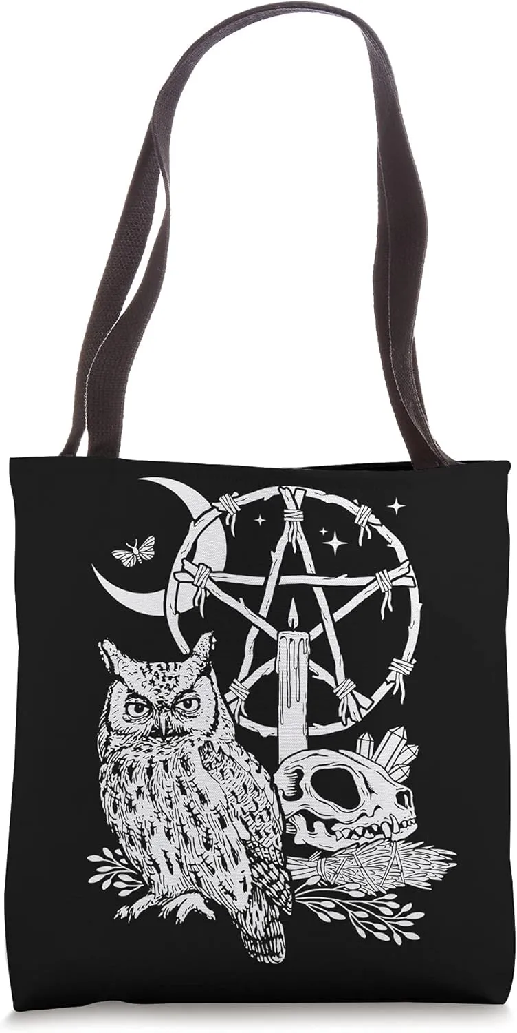 Owl, Skull, Crystal, Candle and Moon with Nature Pentacle Tote Bag
