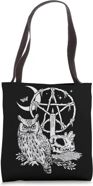 Owl, Skull, Crystal, Candle and Moon with Nature Pentacle Tote Bag