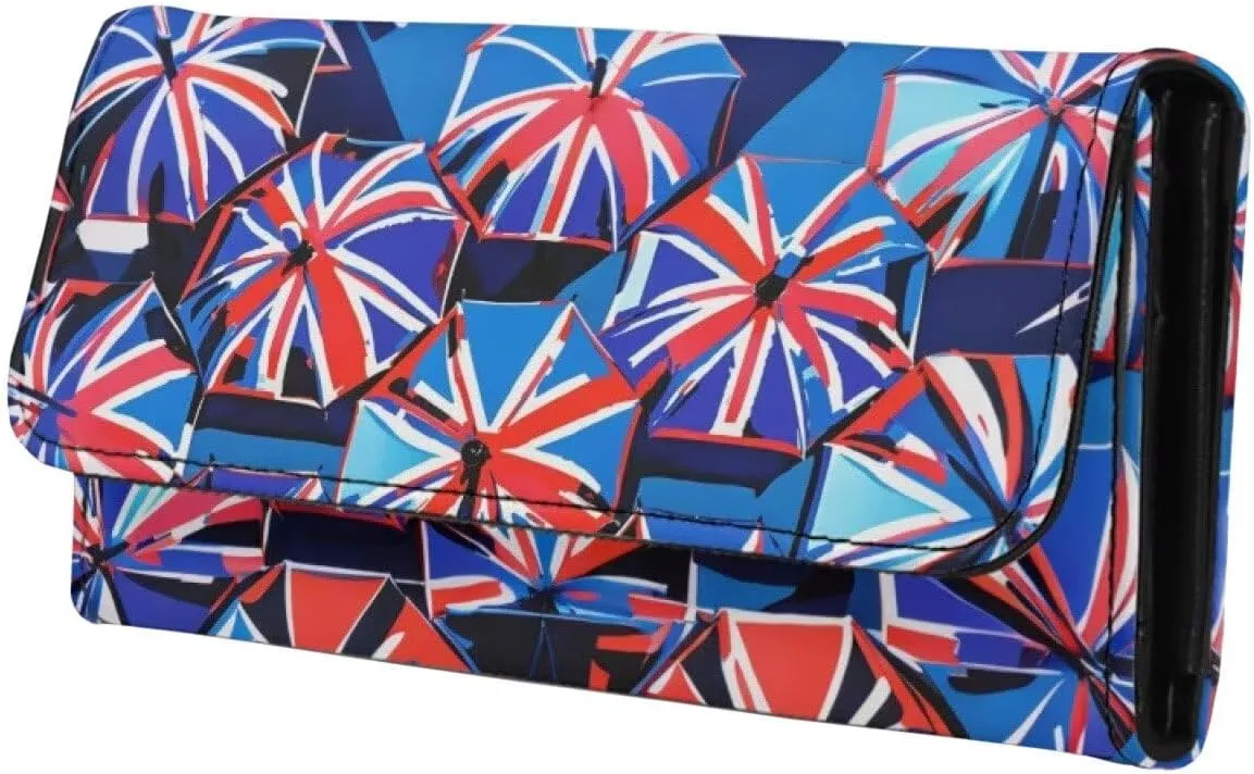 Painting UK Flag Wallets for Women Slim Clutch Purse Handbag, Oil Painting Union Jack Card Holder Money Organizer, Blue Leather Billfold Wallet with Zipper Pocket