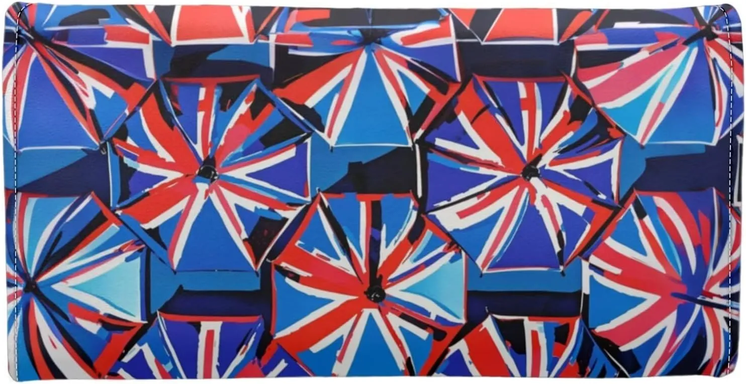 Painting UK Flag Wallets for Women Slim Clutch Purse Handbag, Oil Painting Union Jack Card Holder Money Organizer, Blue Leather Billfold Wallet with Zipper Pocket
