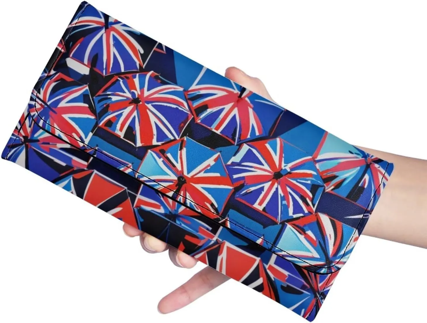 Painting UK Flag Wallets for Women Slim Clutch Purse Handbag, Oil Painting Union Jack Card Holder Money Organizer, Blue Leather Billfold Wallet with Zipper Pocket