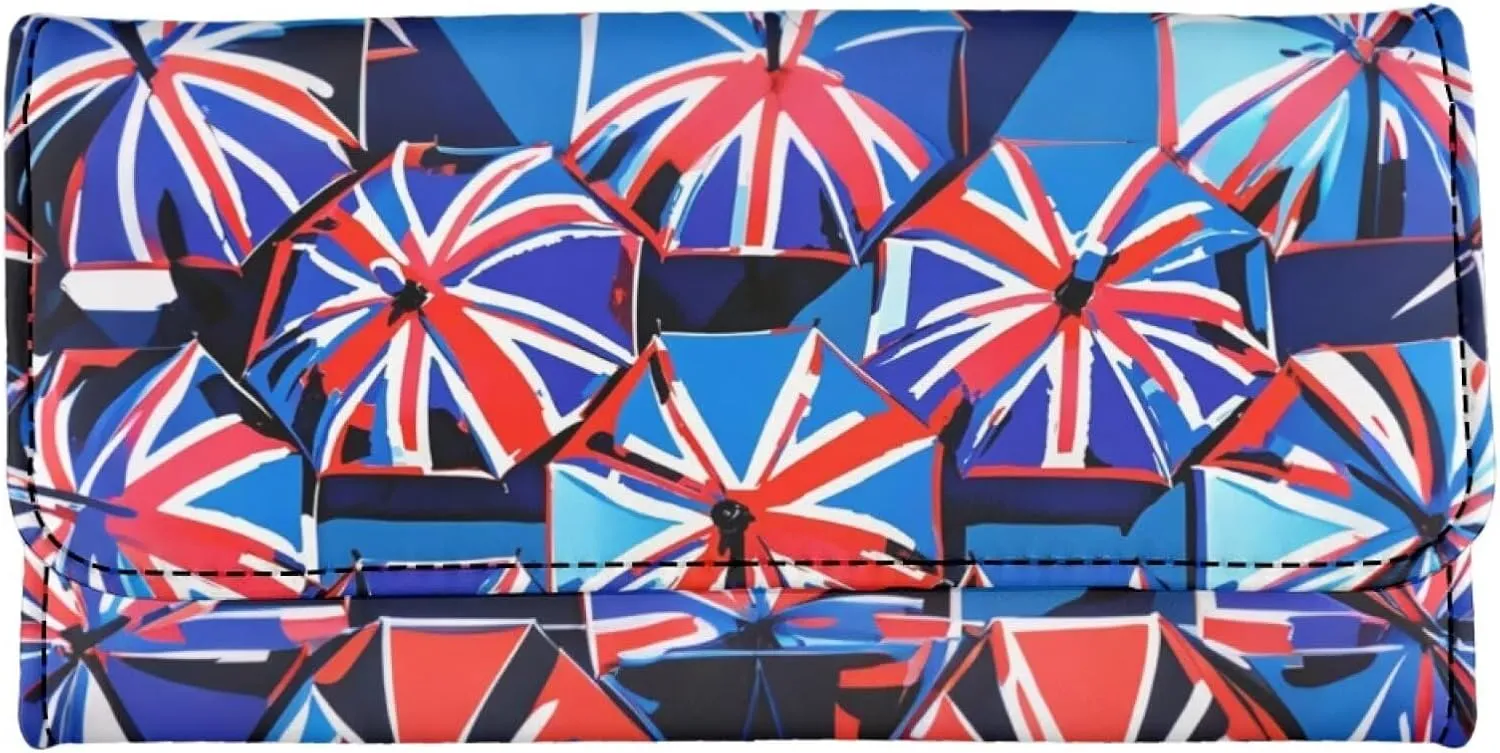 Painting UK Flag Wallets for Women Slim Clutch Purse Handbag, Oil Painting Union Jack Card Holder Money Organizer, Blue Leather Billfold Wallet with Zipper Pocket