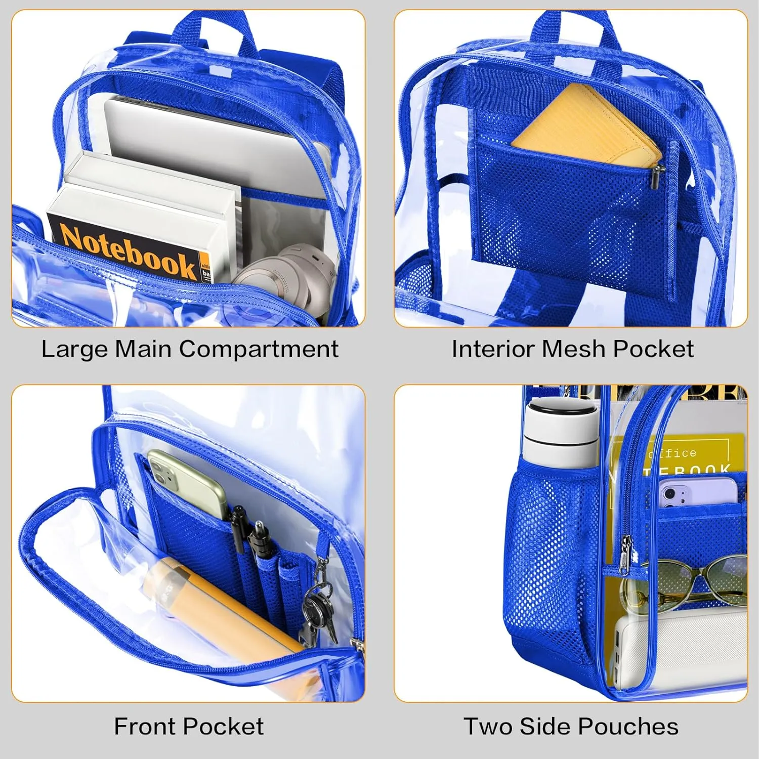 PAMANO Clear Backpack, Heavy Duty Transparent with Reinforced Bottom See Through Backpack for College, Travel, Workplace Security, Blue