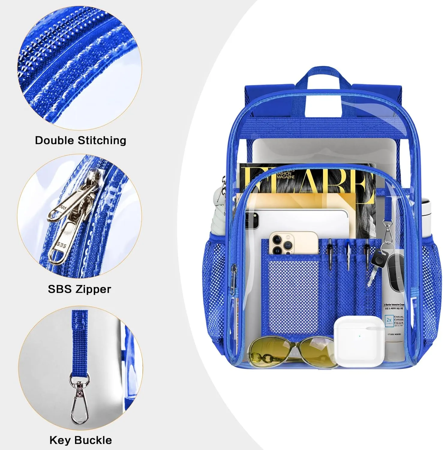 PAMANO Clear Backpack, Heavy Duty Transparent with Reinforced Bottom See Through Backpack for College, Travel, Workplace Security, Blue