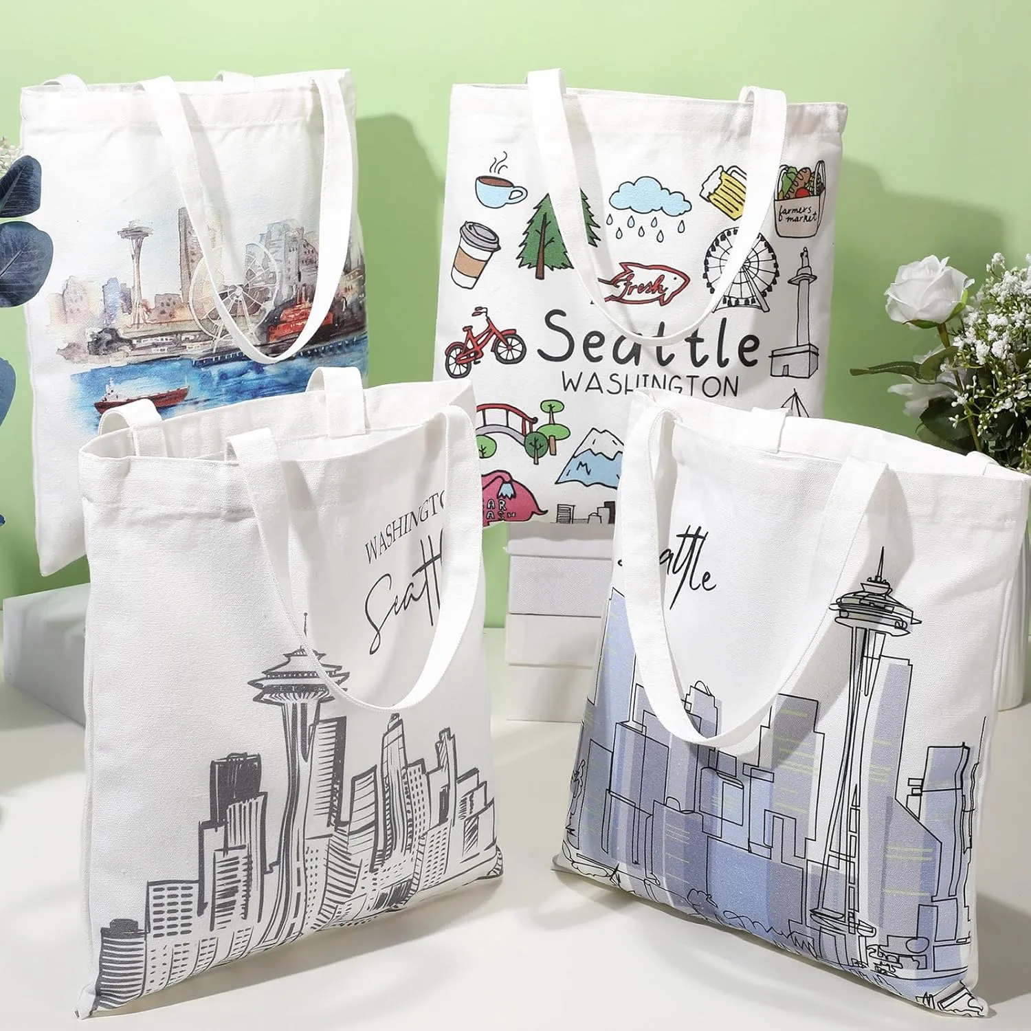 Paterr 4 Pcs City Souvenir Tote Bag-New York Chicago Seattle Los Angeles Boston San Francisco Paris Italy Las Vegas Nashville