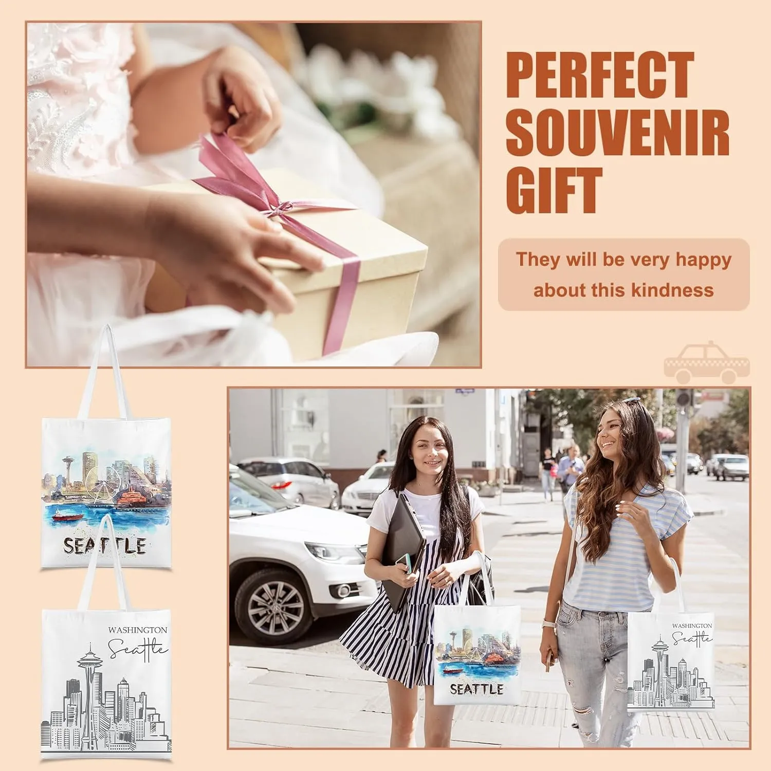 Paterr 4 Pcs City Souvenir Tote Bag-New York Chicago Seattle Los Angeles Boston San Francisco Paris Italy Las Vegas Nashville