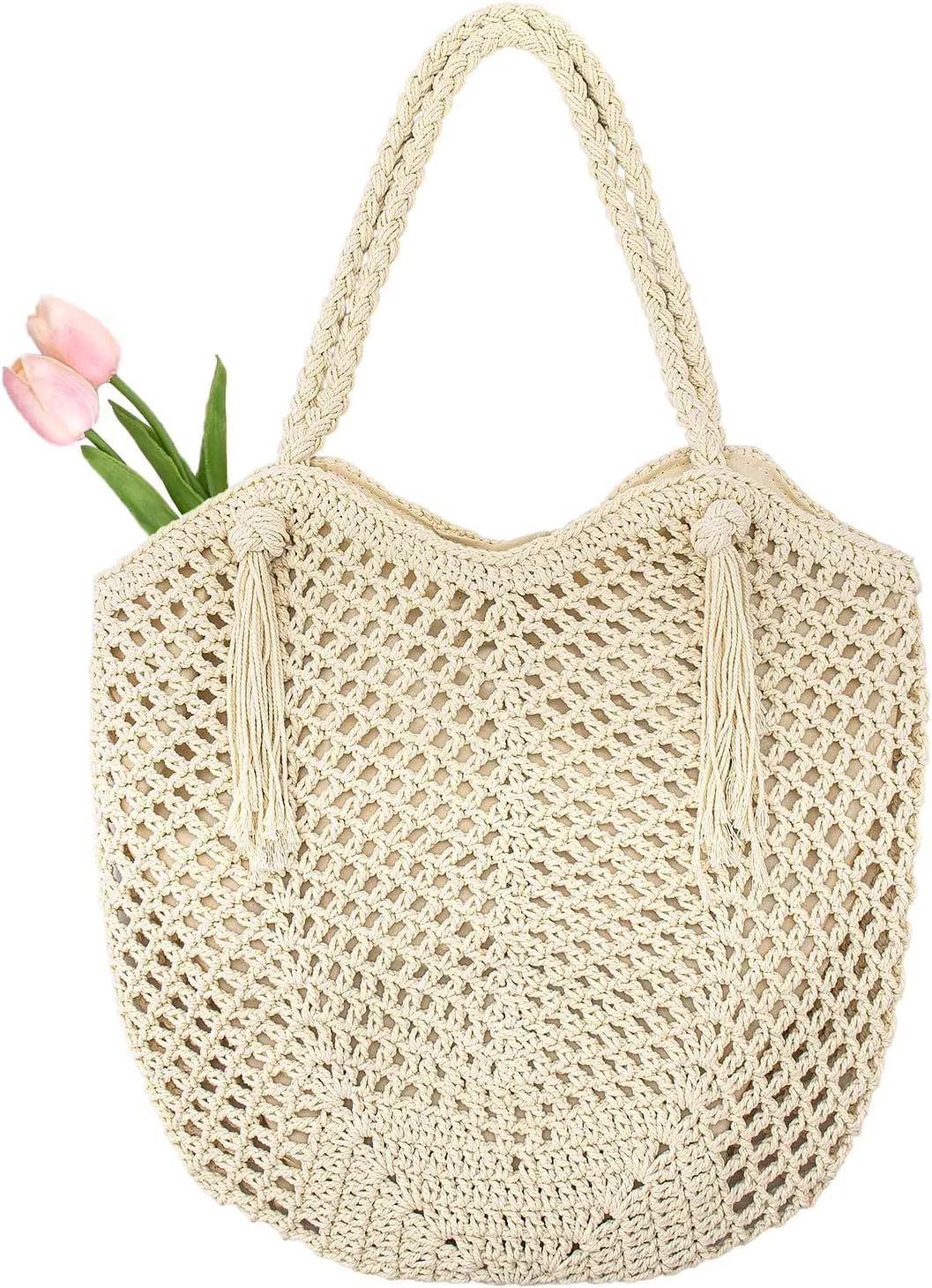 Peicees Crochet Beach Tote Bag For Women 2025 Bohemian Shoulder Bag Purse With Leak-Proof Lining for Summer Vacation Travel