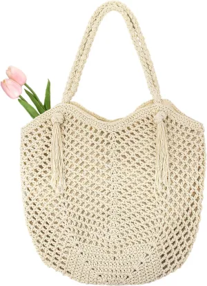 Peicees Crochet Beach Tote Bag For Women 2025 Bohemian Shoulder Bag Purse With Leak-Proof Lining for Summer Vacation Travel
