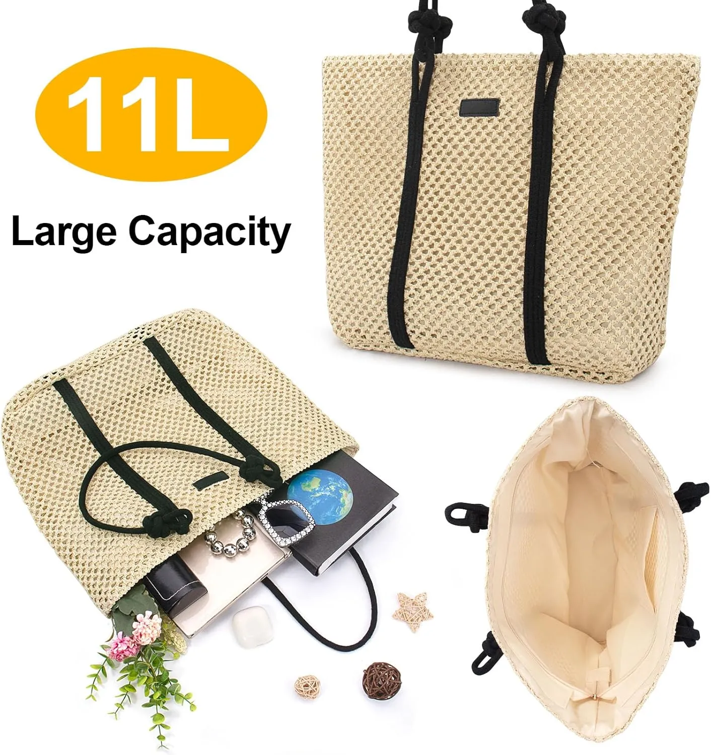 Peicees Large Straw Tote Bag For Beach Vacation 2025 Womens Sandproof Shoulder Bag Purse With Leak-Proof Lining Summer Travel