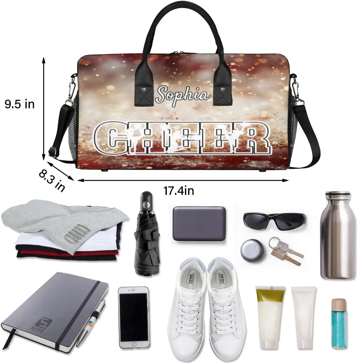 Personalized Cheer Bags for Cheerleaders, Custom Name Sport Duffel Bag Gym Bag Travel Duffle Bag Overnight Weekender Bag Glitters