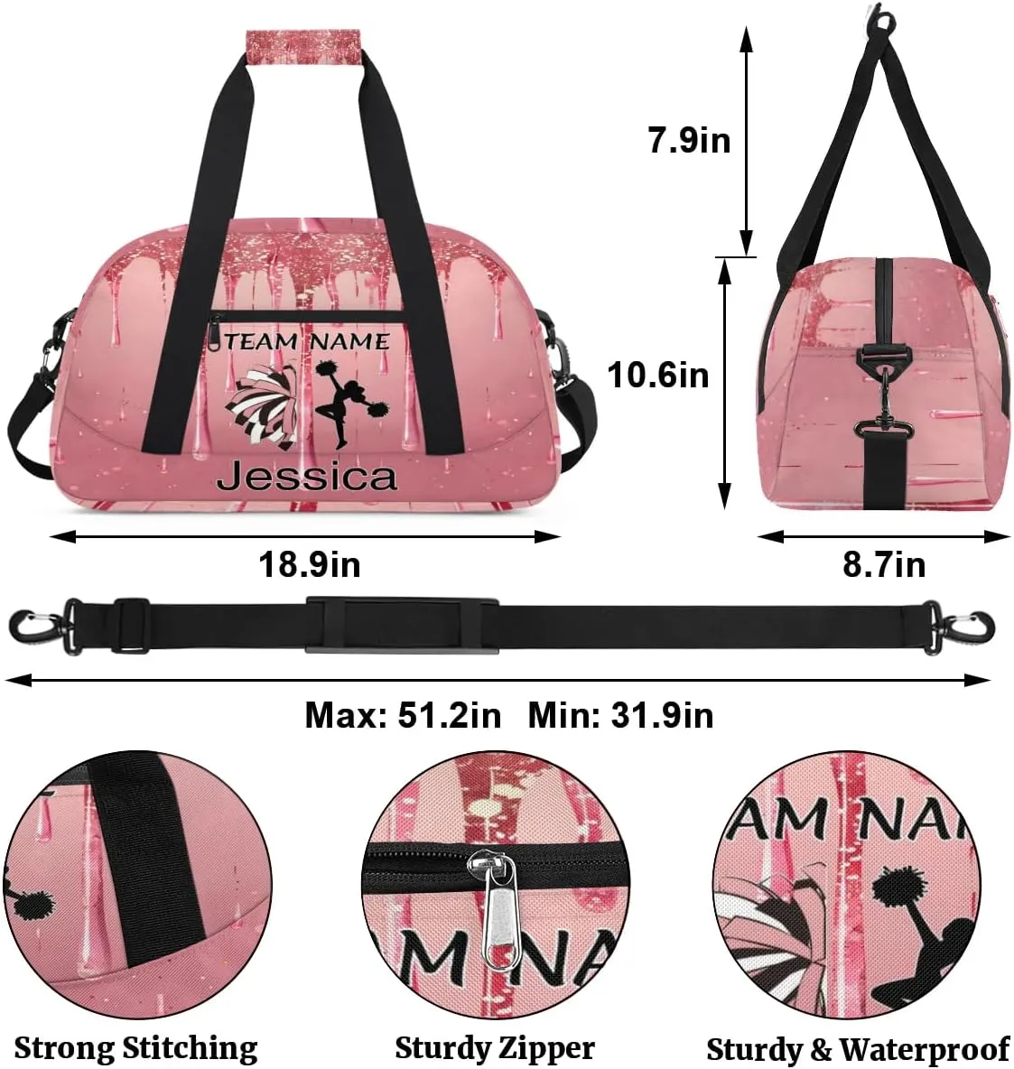 Personalized Cheer Duffle Bag for Cheerleaders, Custom Cheerleading Gym Bag for Women, Cheer Duffel Bag with Name Overnight Weekender Bags, Fluid