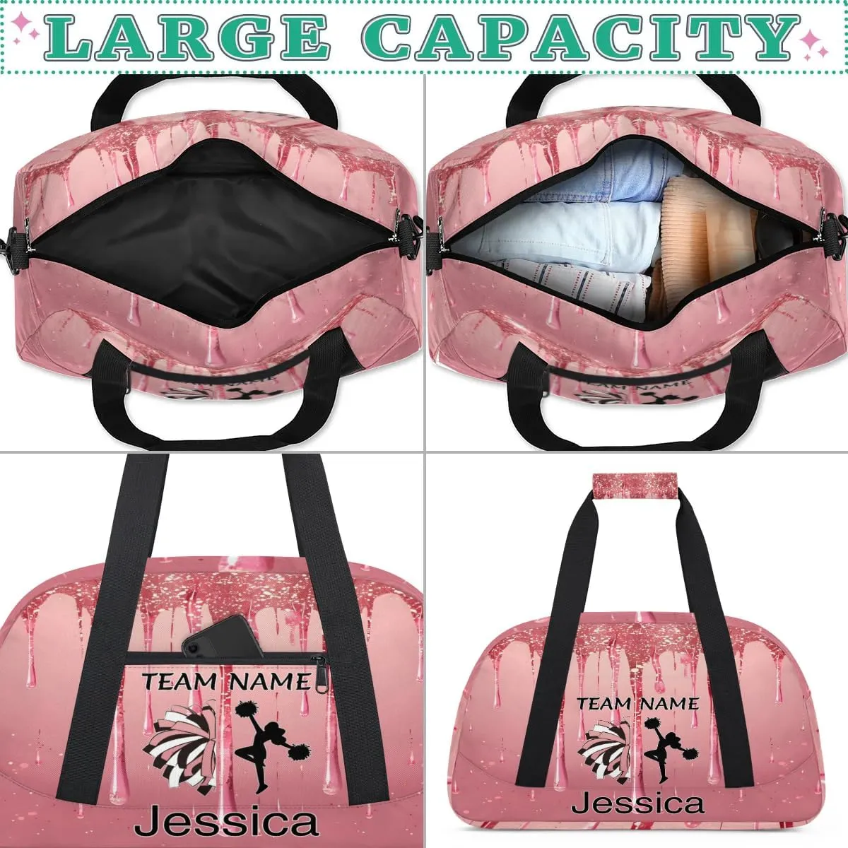 Personalized Cheer Duffle Bag for Cheerleaders, Custom Cheerleading Gym Bag for Women, Cheer Duffel Bag with Name Overnight Weekender Bags, Fluid
