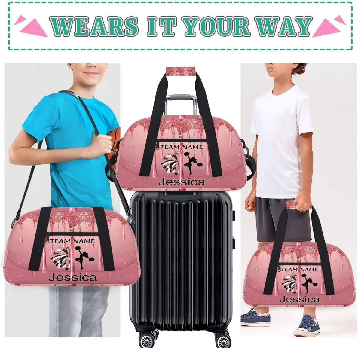 Personalized Cheer Duffle Bag for Cheerleaders, Custom Cheerleading Gym Bag for Women, Cheer Duffel Bag with Name Overnight Weekender Bags, Fluid