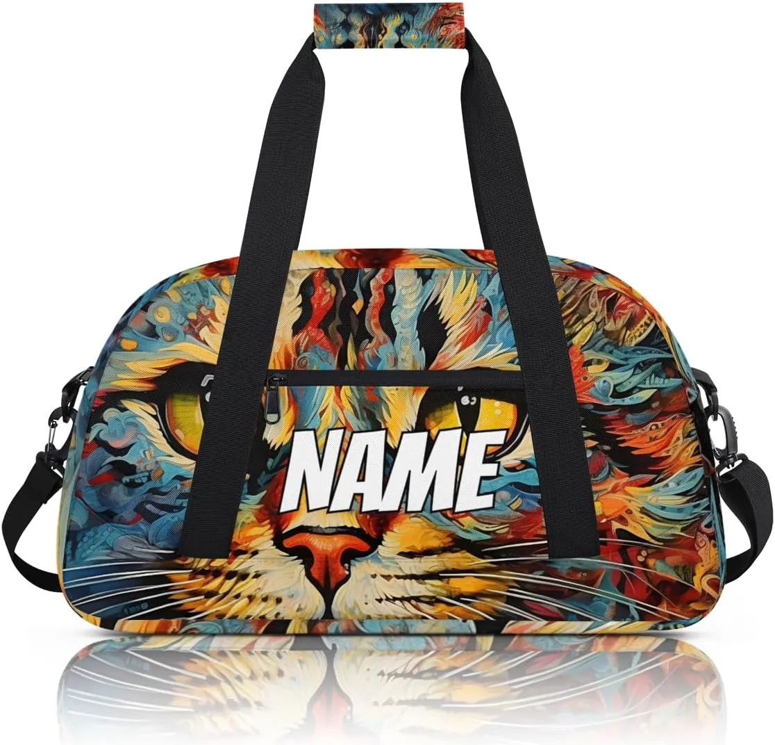 Personalized Custom Gym Bag for Women Men Carry on Bohemian Cat Travel Duffel Tote Oil Painting Print Overnight Workout Weekender Bag