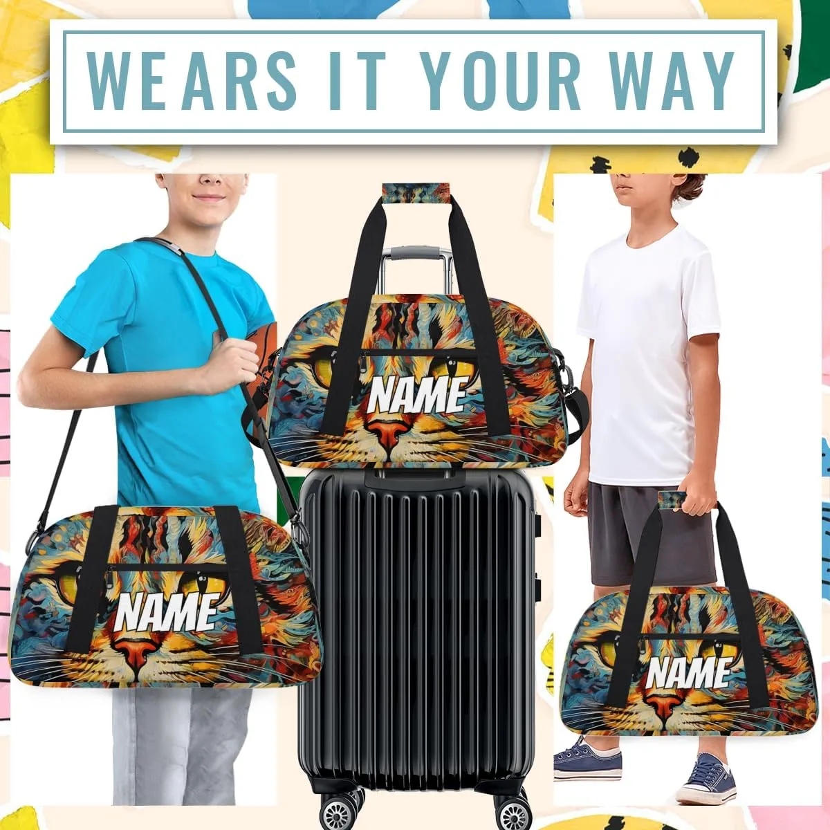 Personalized Custom Gym Bag for Women Men Carry on Bohemian Cat Travel Duffel Tote Oil Painting Print Overnight Workout Weekender Bag