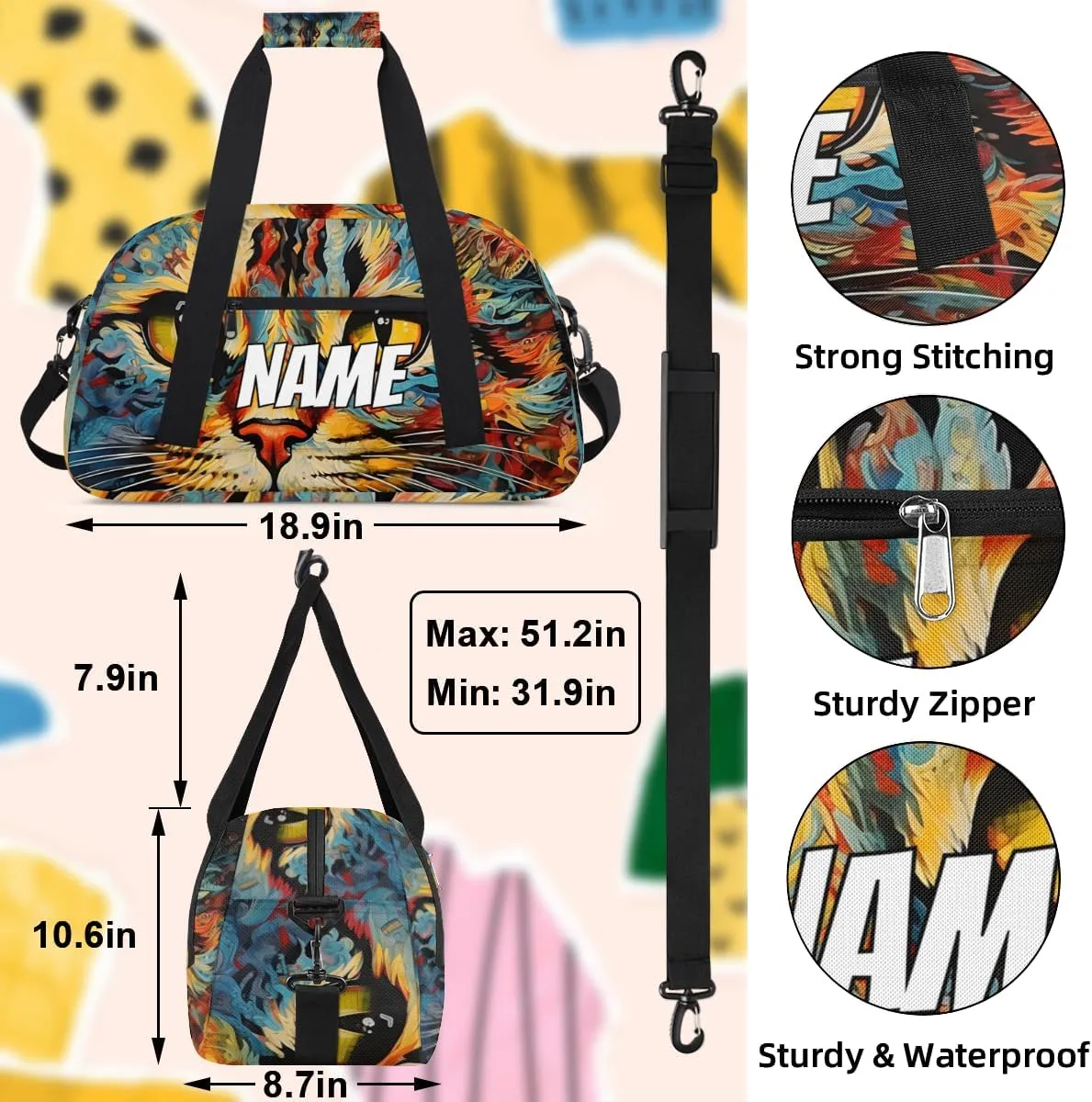 Personalized Custom Gym Bag for Women Men Carry on Bohemian Cat Travel Duffel Tote Oil Painting Print Overnight Workout Weekender Bag
