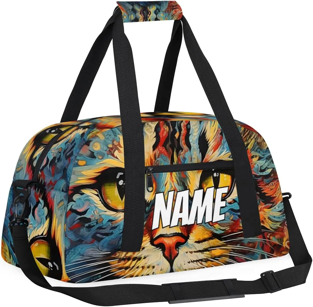 Personalized Custom Gym Bag for Women Men Carry on Bohemian Cat Travel Duffel Tote Oil Painting Print Overnight Workout Weekender Bag