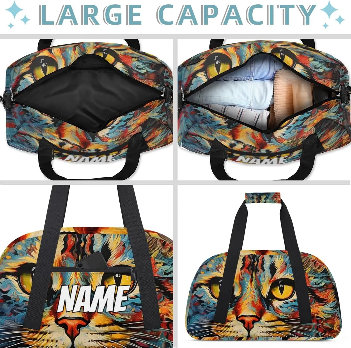 Personalized Custom Gym Bag for Women Men Carry on Bohemian Cat Travel Duffel Tote Oil Painting Print Overnight Workout Weekender Bag