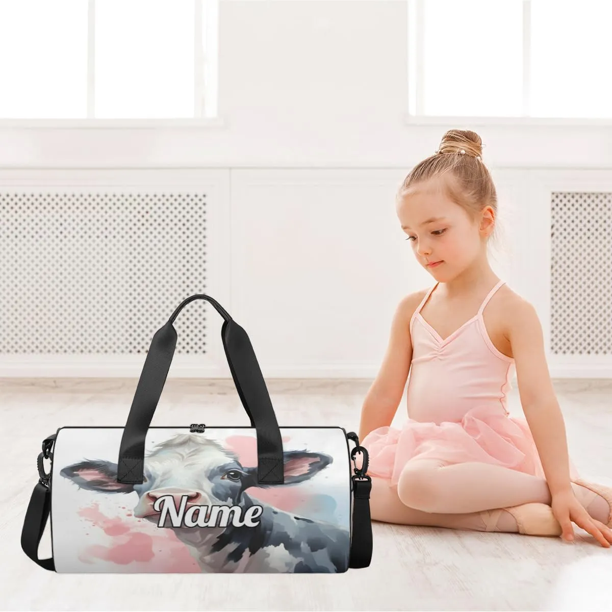 Personalized Dance Bag Gymnastics Sport Duffel Bag Custom Ballet Bags Overnight Weekender Bag Waterproof Cheerleader Bag, Black And White Cow Print