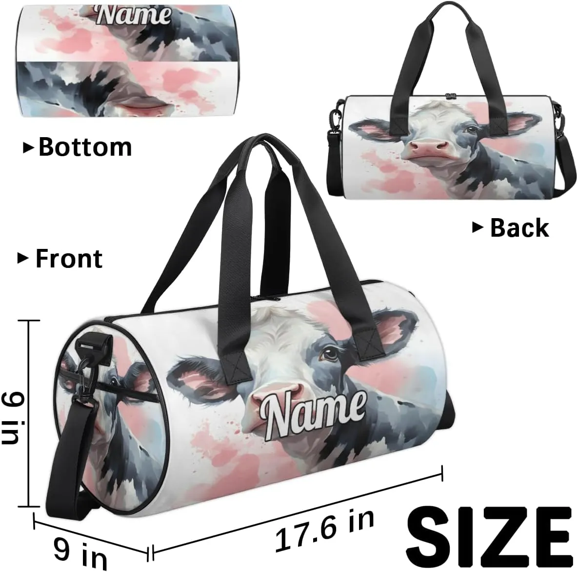 Personalized Dance Bag Gymnastics Sport Duffel Bag Custom Ballet Bags Overnight Weekender Bag Waterproof Cheerleader Bag, Black And White Cow Print