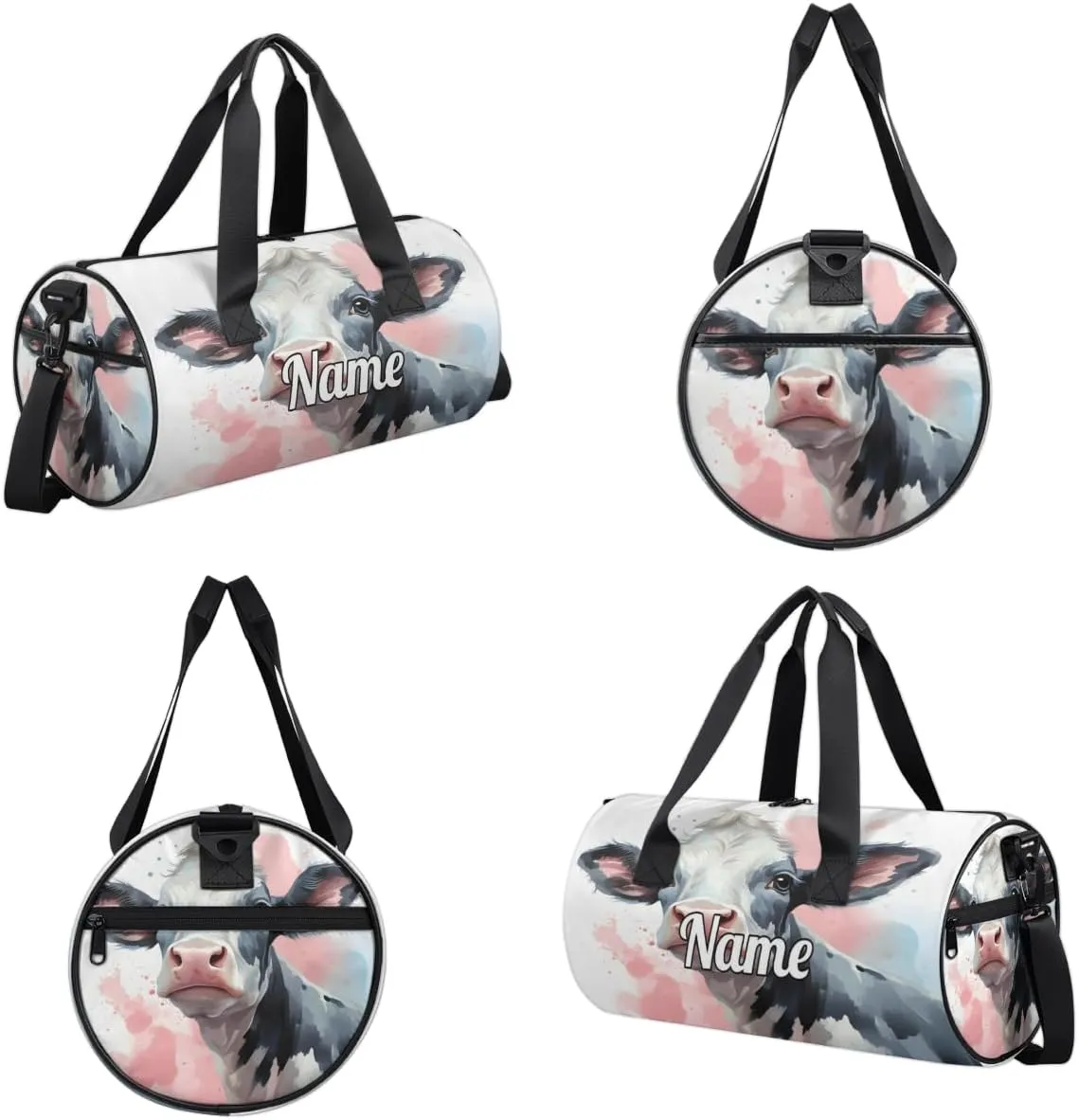 Personalized Dance Bag Gymnastics Sport Duffel Bag Custom Ballet Bags Overnight Weekender Bag Waterproof Cheerleader Bag, Black And White Cow Print