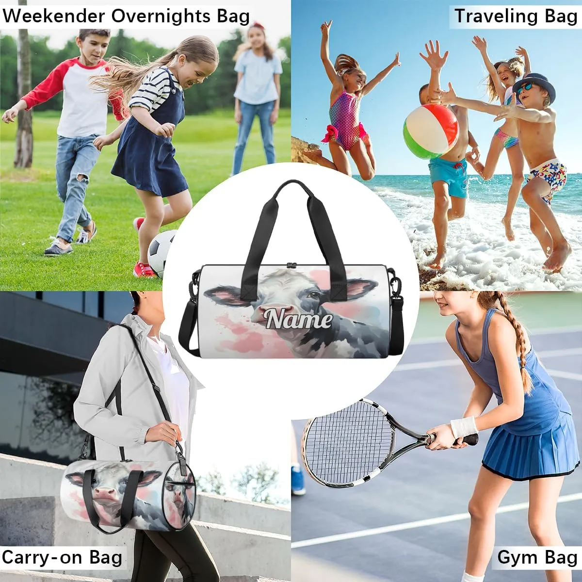 Personalized Dance Bag Gymnastics Sport Duffel Bag Custom Ballet Bags Overnight Weekender Bag Waterproof Cheerleader Bag, Black And White Cow Print