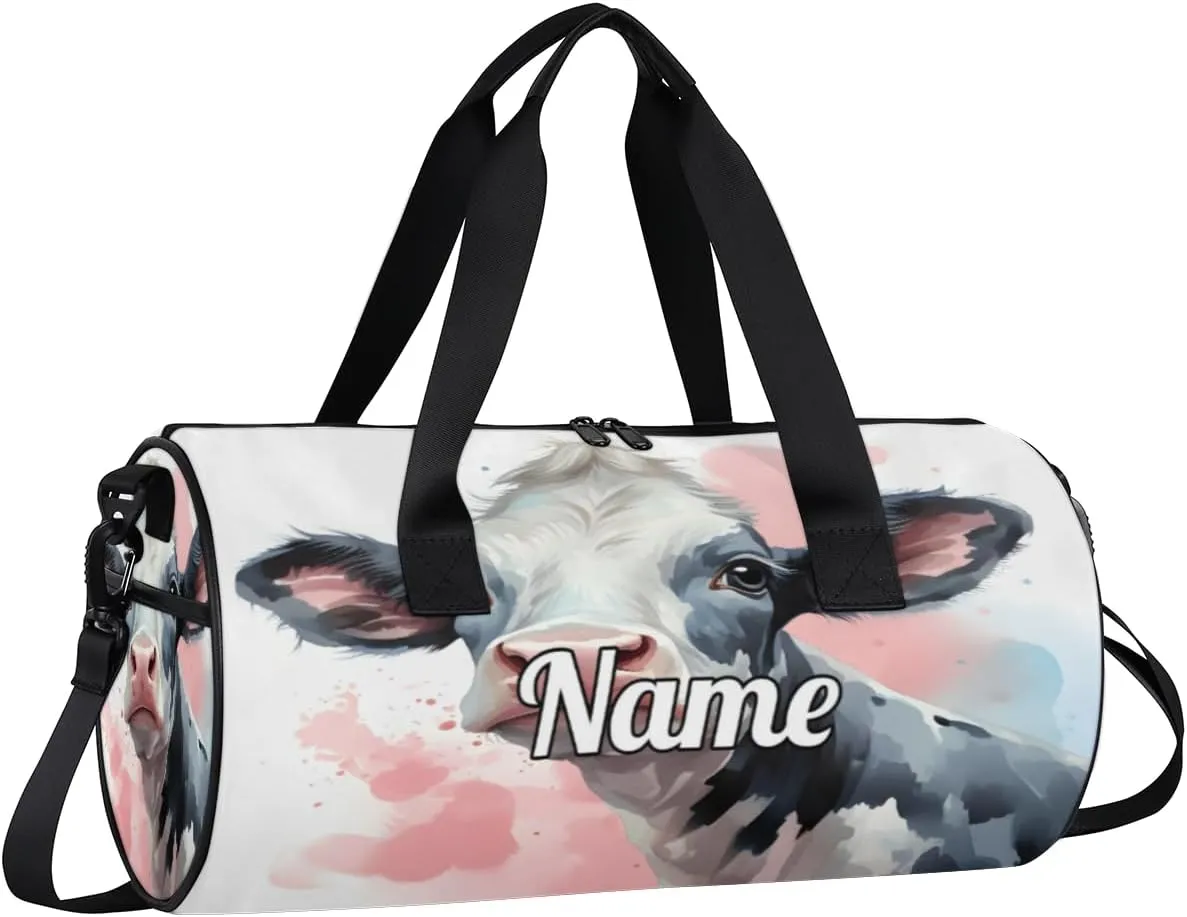 Personalized Dance Bag Gymnastics Sport Duffel Bag Custom Ballet Bags Overnight Weekender Bag Waterproof Cheerleader Bag, Black And White Cow Print