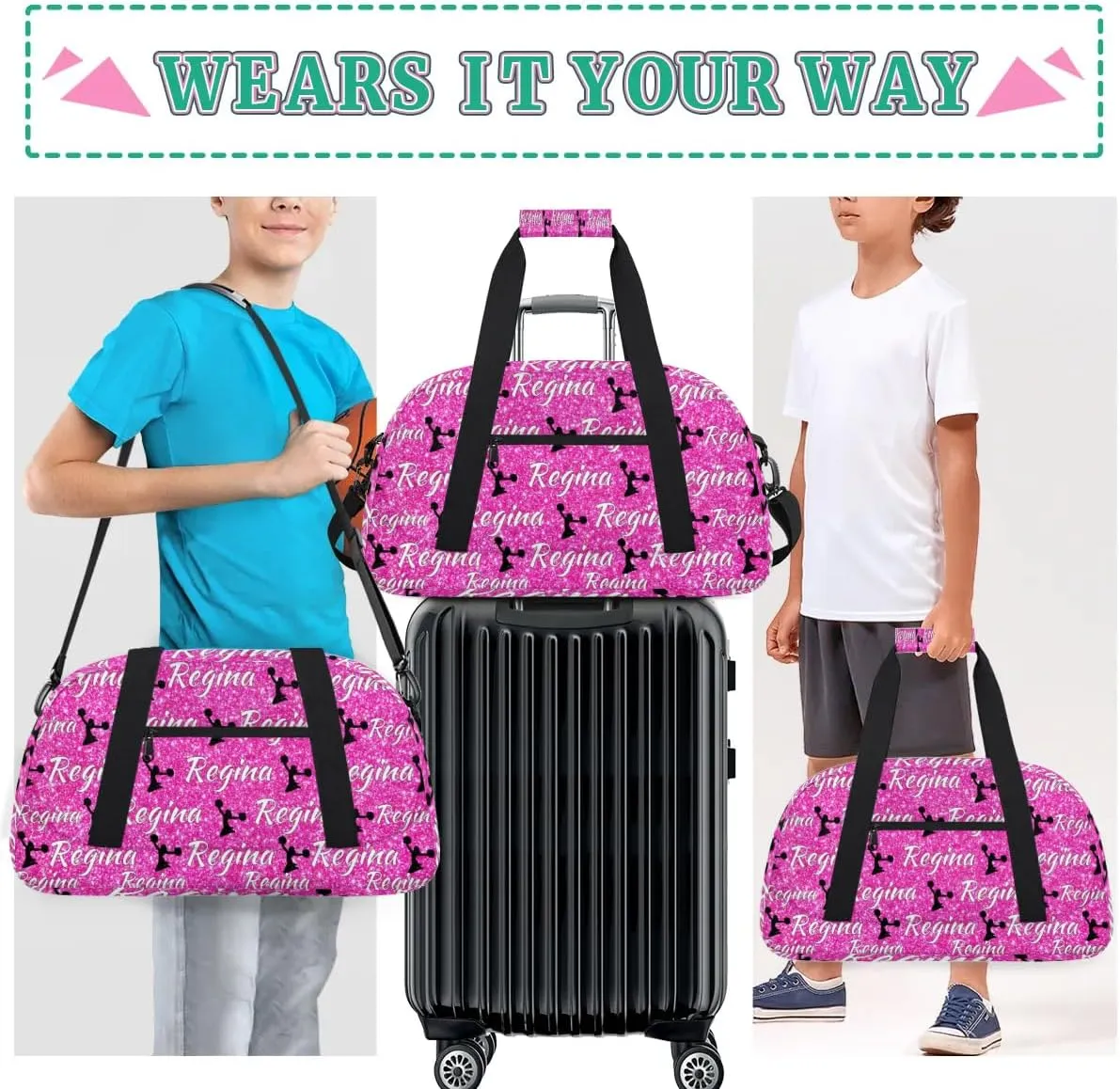 Personalized Dance Duffel Bags Custom Cheer Bag with Name for Sport Events Cheerleader Bag Customized Travel Gym Bag Overnight Weekender Carry-on Bag, Pink Glitter