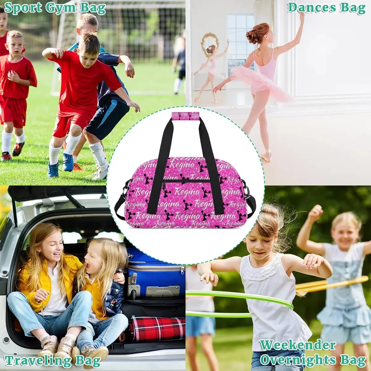 Personalized Dance Duffel Bags Custom Cheer Bag with Name for Sport Events Cheerleader Bag Customized Travel Gym Bag Overnight Weekender Carry-on Bag, Pink Glitter